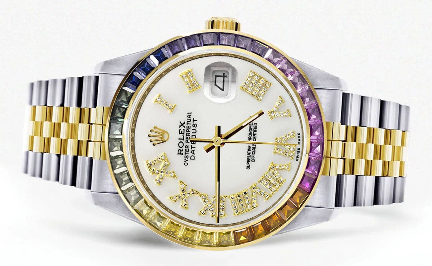 Diamond Gold Rolex Watch For Men 16233 | 36Mm | Rainbow Sapphire Bezel | Diamond White Roman Numeral Dial | Jubilee Band - Image 2