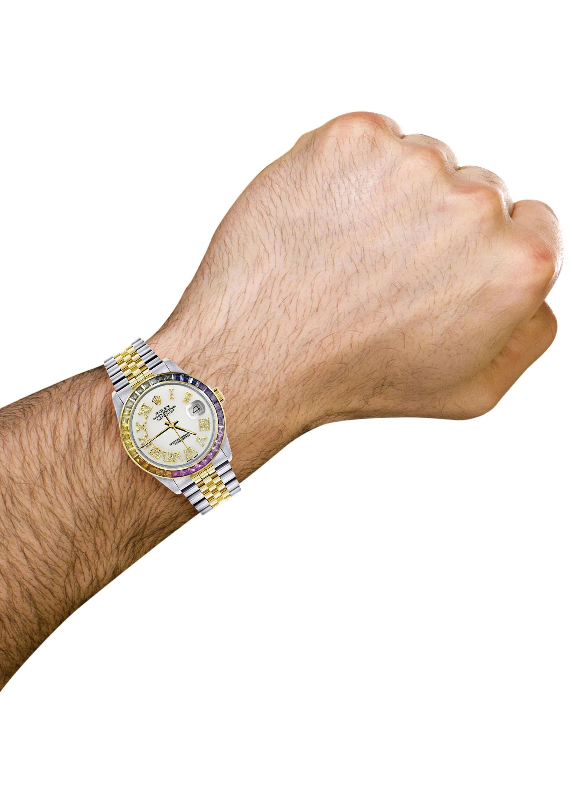 Diamond Gold Rolex Watch For Men 16233 | 36Mm | Rainbow Sapphire Bezel | Diamond White Roman Numeral Dial | Jubilee Band - Image 3