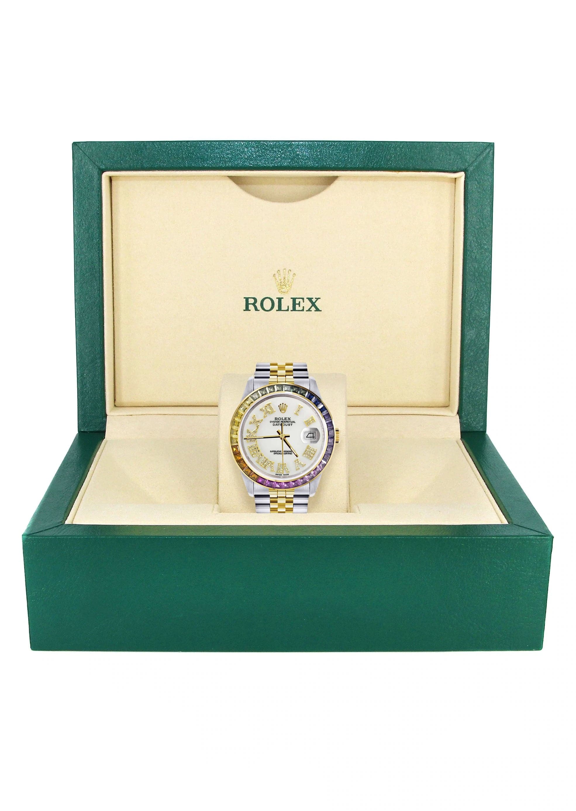 Diamond Gold Rolex Watch For Men 16233 | 36Mm | Rainbow Sapphire Bezel | Diamond White Roman Numeral Dial | Jubilee Band - Image 4