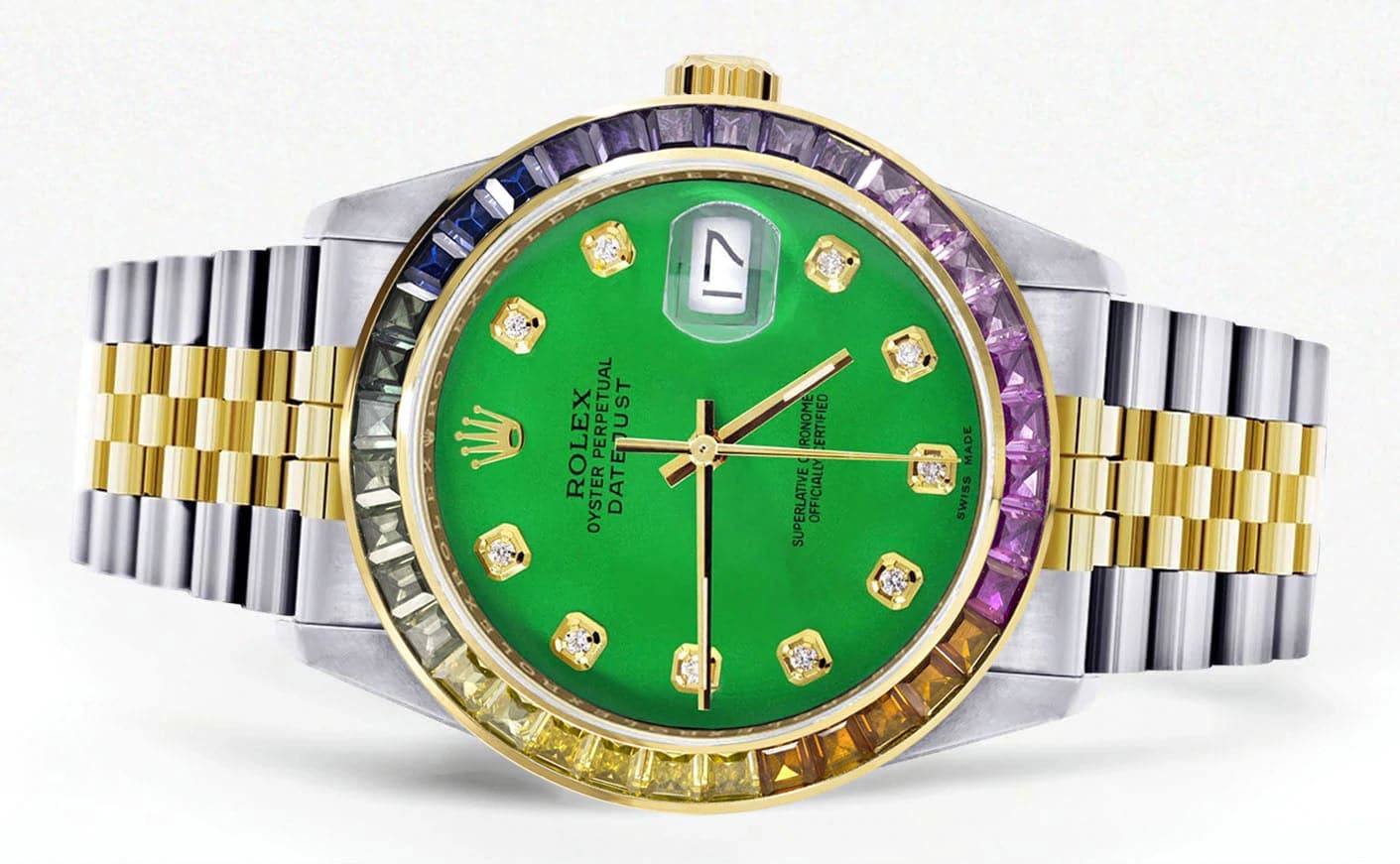 Diamond Gold Rolex Watch For Men 16233 | 36Mm | Rainbow Sapphire Bezel | Green Dial | Jubilee Band - Image 2