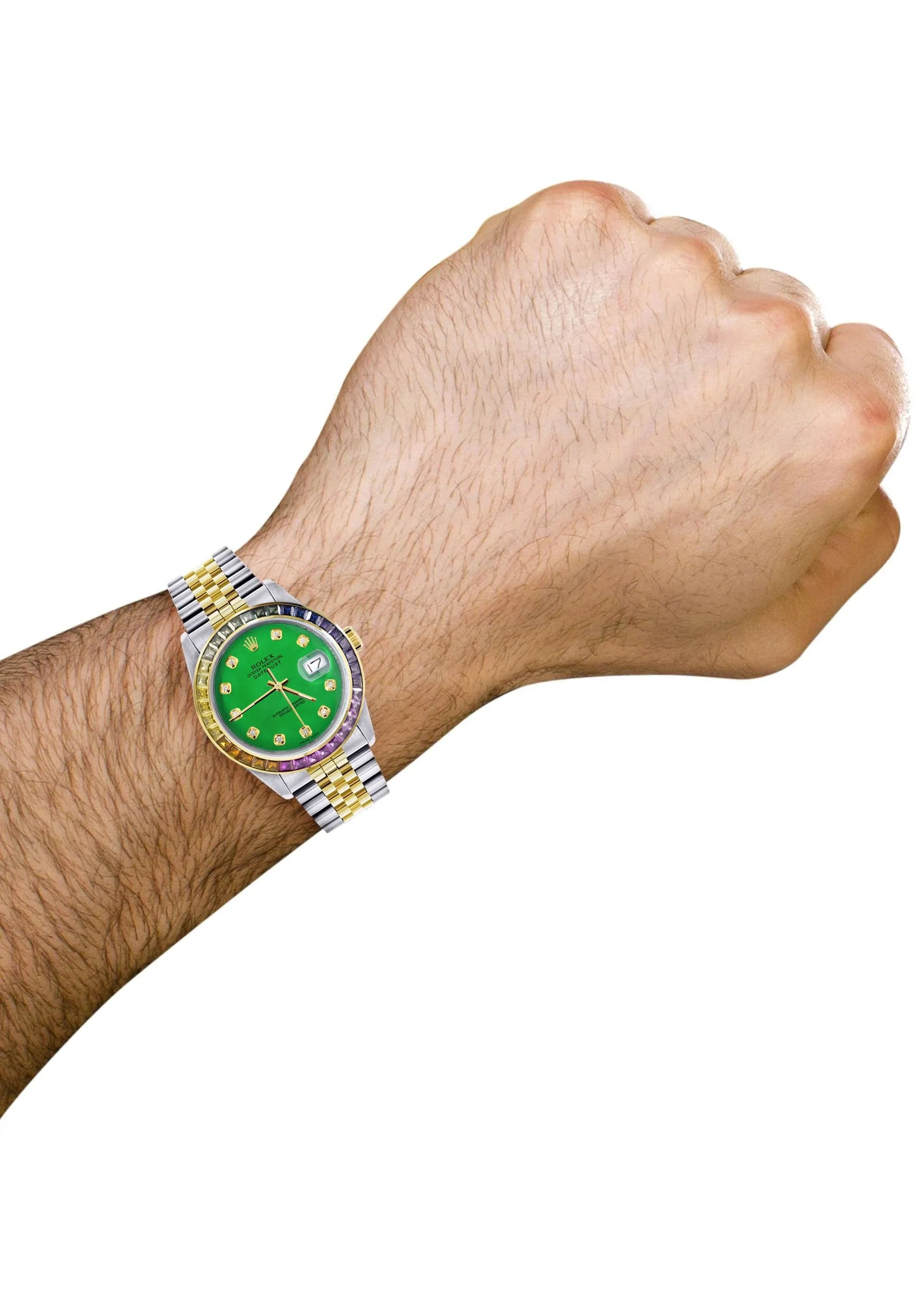 Diamond Gold Rolex Watch For Men 16233 | 36Mm | Rainbow Sapphire Bezel | Green Dial | Jubilee Band - Image 3