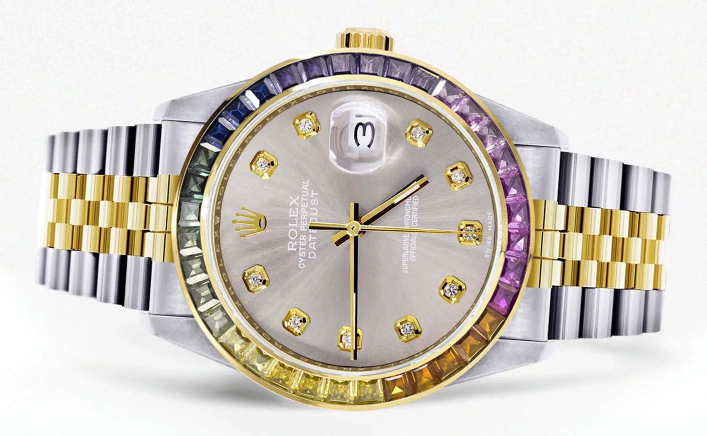 Diamond Gold Rolex Watch For Men 16233 | 36Mm | Rainbow Sapphire Bezel | Grey Dial | Jubilee Band - Image 2