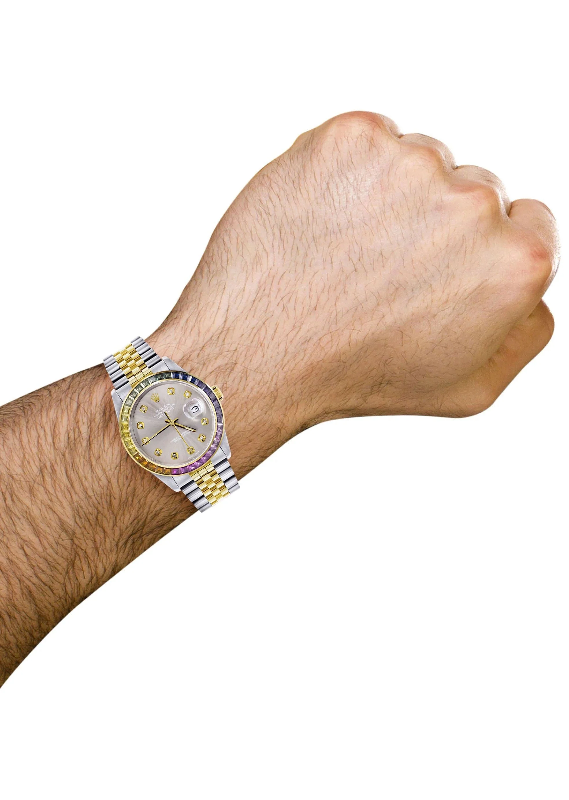 Diamond Gold Rolex Watch For Men 16233 | 36Mm | Rainbow Sapphire Bezel | Grey Dial | Jubilee Band - Image 3