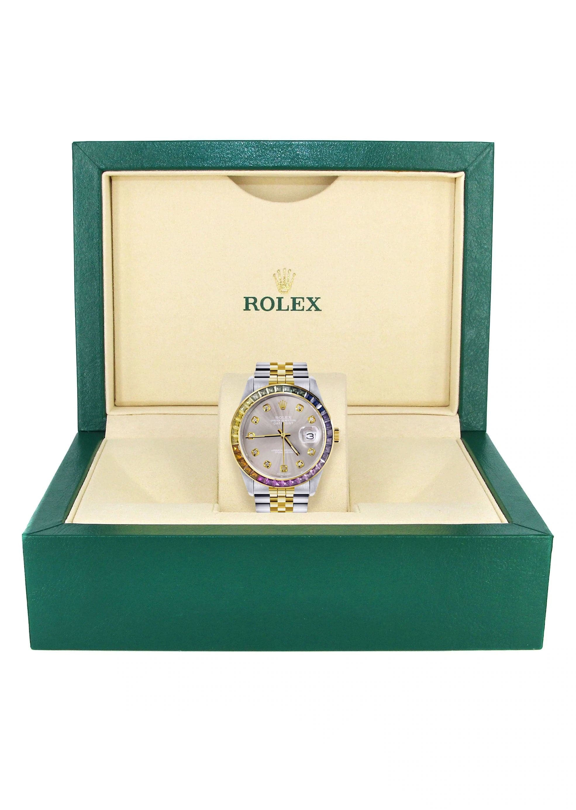 Diamond Gold Rolex Watch For Men 16233 | 36Mm | Rainbow Sapphire Bezel | Grey Dial | Jubilee Band - Image 4
