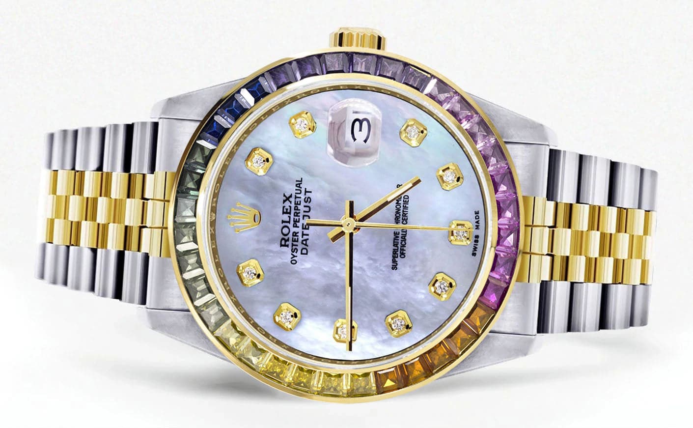 Diamond Gold Rolex Watch For Men 16233 | 36Mm | Rainbow Sapphire Bezel | Mother Of Pearl Dial | Jubilee Band - Image 2