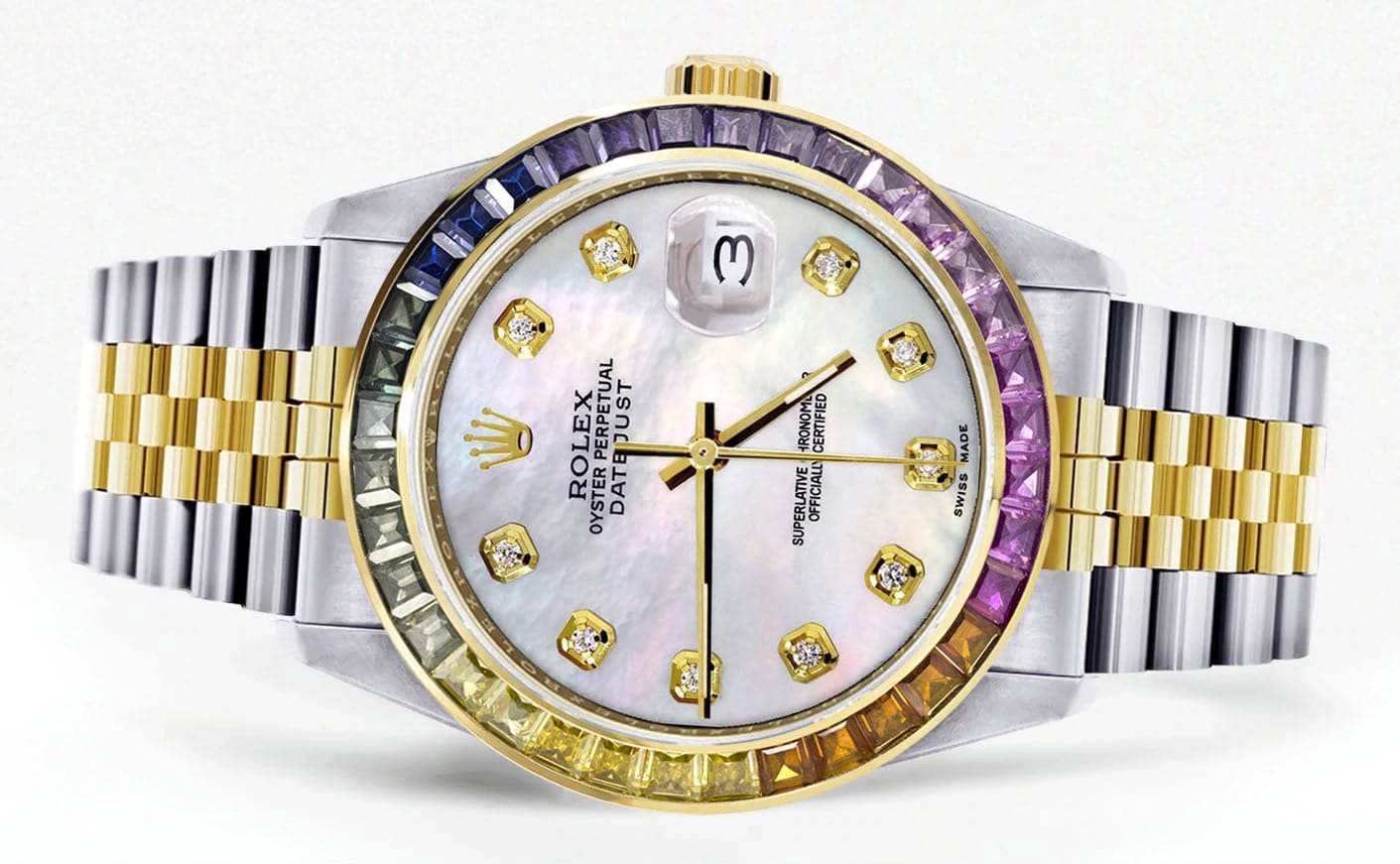 Diamond Gold Rolex Watch For Men 16233 | 36Mm | Rainbow Sapphire Bezel | Light Mother Of Pearl Dial | Jubilee Band - Image 2