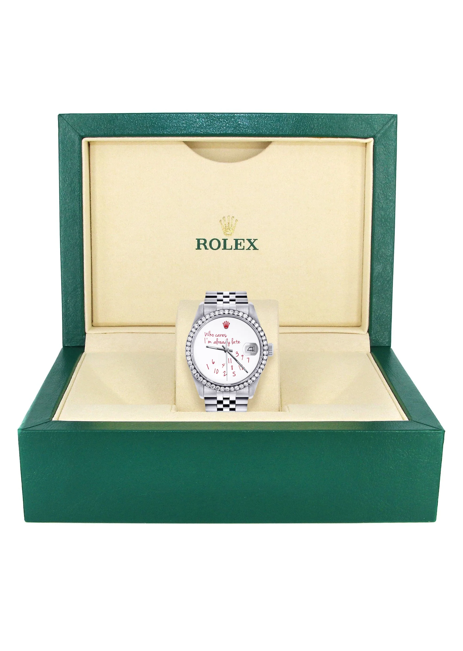 Diamond Mens Rolex Datejust Watch 16200 | 36Mm | "Who Cares I'm Already Late" Custom Dial | Jubilee Band - Image 7