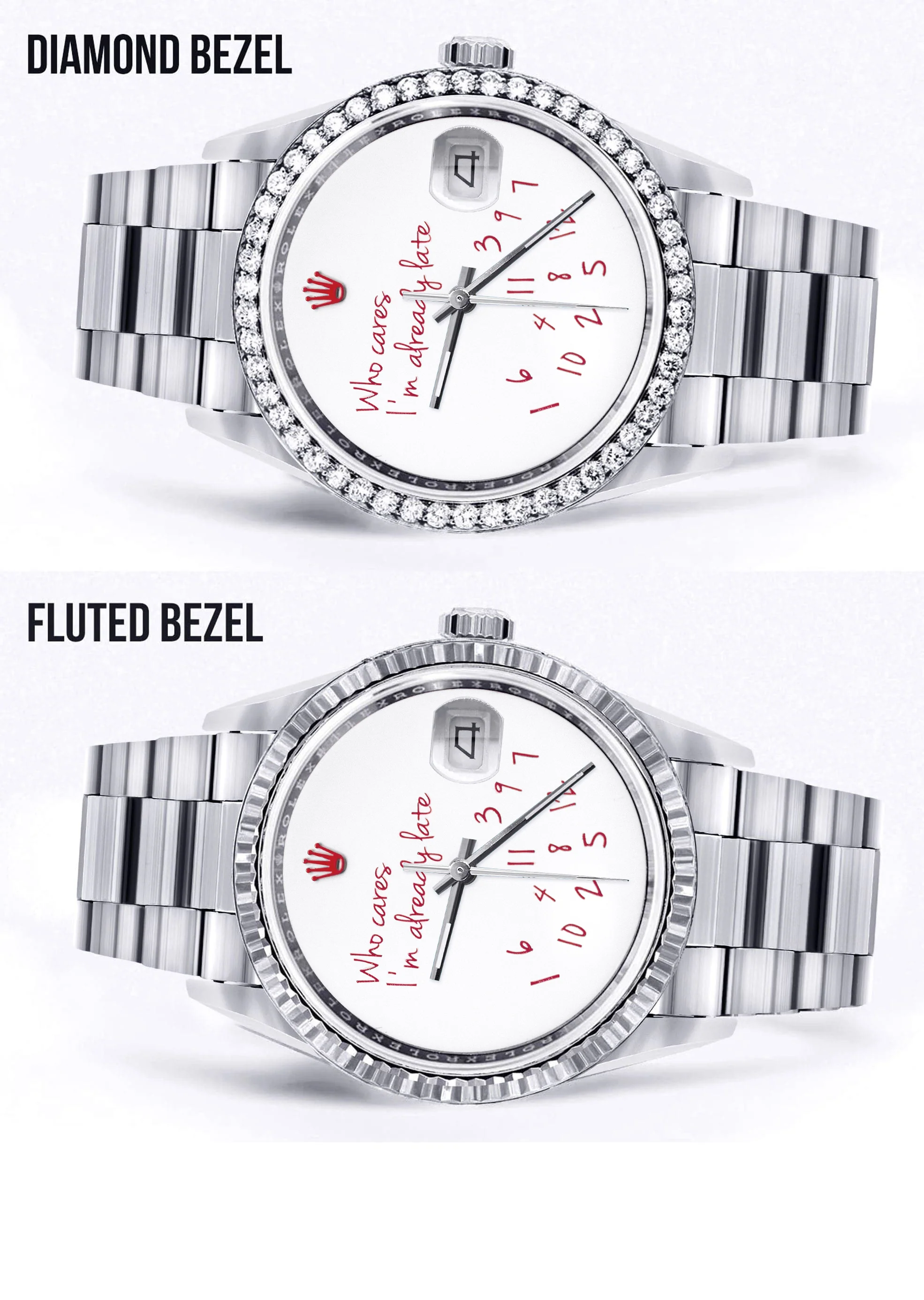 Diamond Mens Rolex Datejust Watch 16200 | 36Mm | "Who Cares I'm Already Late" Custom Dial | Oyster Band - Image 2
