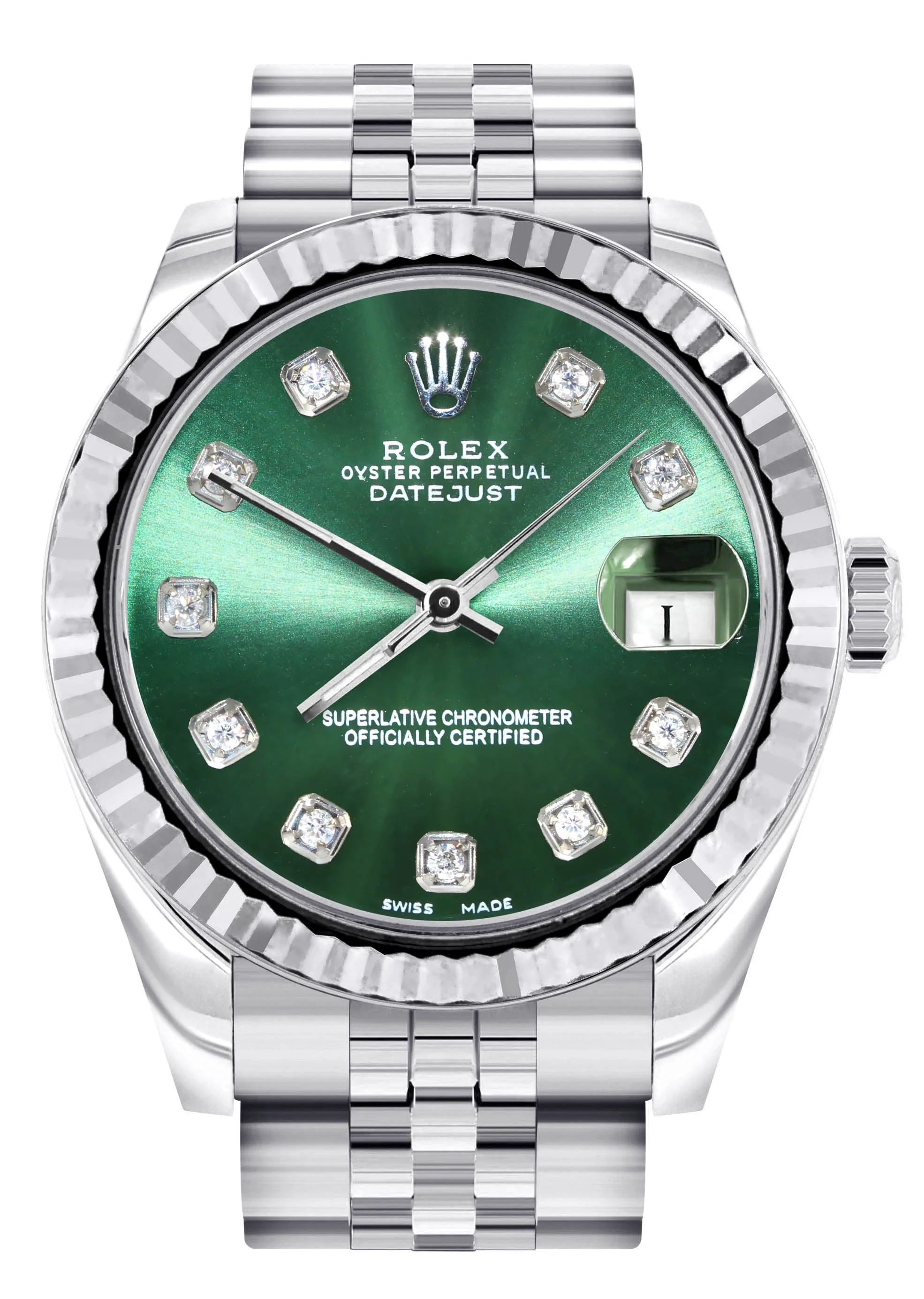 Diamond Rolex Watch | 68274 | Fluted Bezel | 31MM | Green Diamond Dial | Jubilee Band