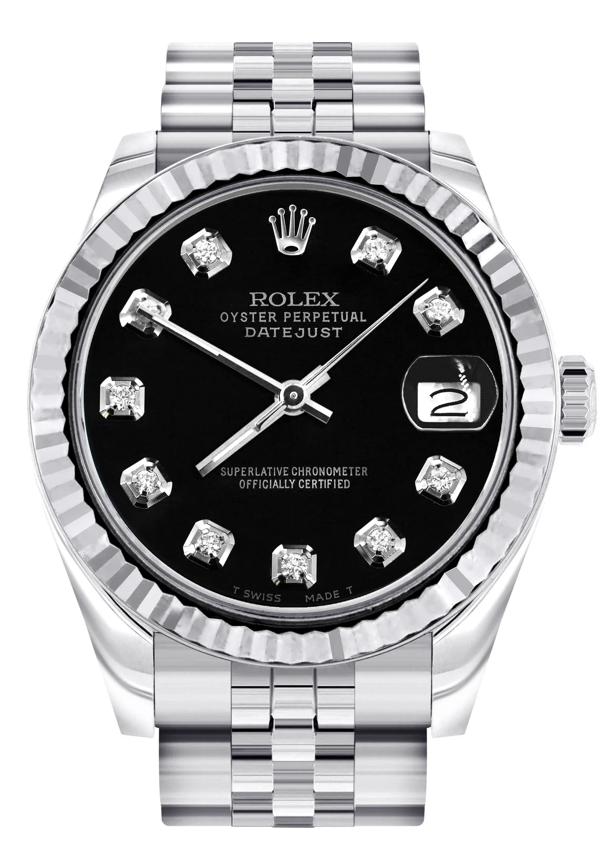 Diamond Rolex Watch | 68274 | Fluted Bezel | 31MM | Black Diamond Dial | Jubilee Band