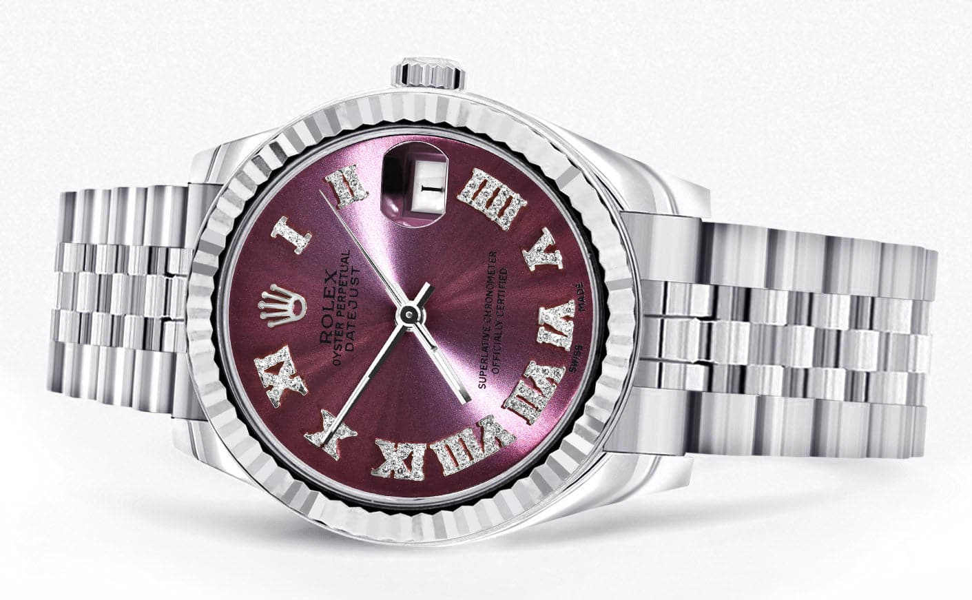 Diamond Rolex Watch | 68274 | Fluted Bezel | 31MM | Purple Roman Numeral Diamond Dial | Jubilee Band - Image 2
