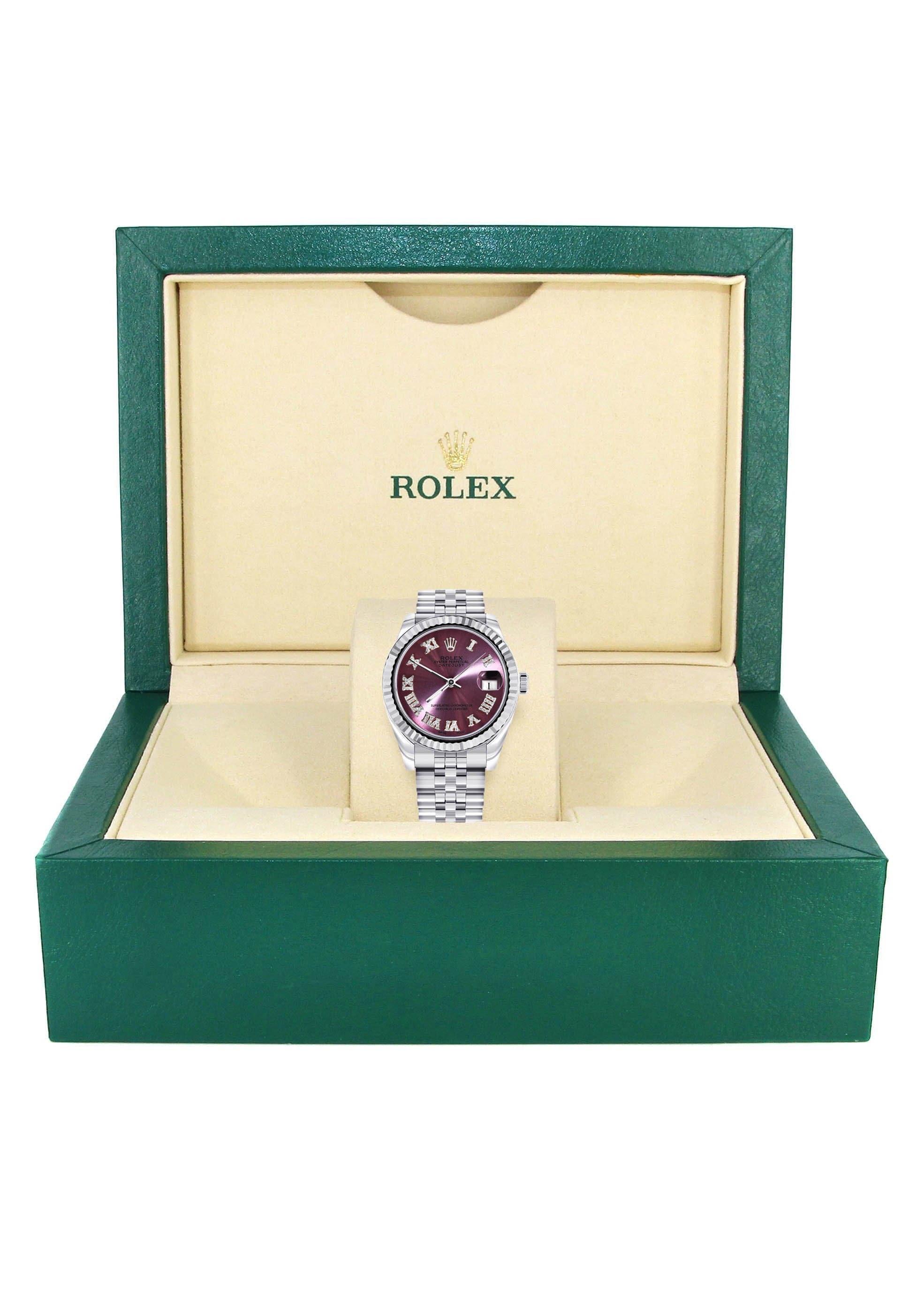 Diamond Rolex Watch | 68274 | Fluted Bezel | 31MM | Purple Roman Numeral Diamond Dial | Jubilee Band - Image 3