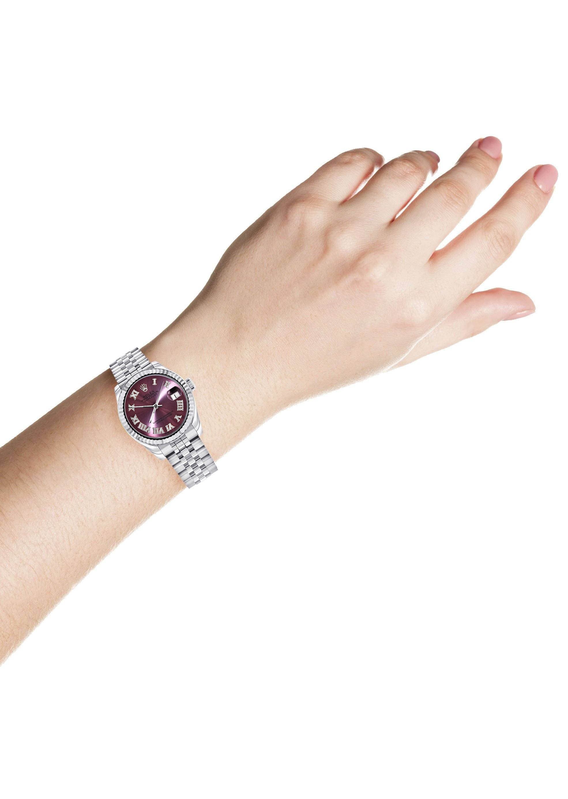 Diamond Rolex Watch | 68274 | Fluted Bezel | 31MM | Purple Roman Numeral Diamond Dial | Jubilee Band - Image 4