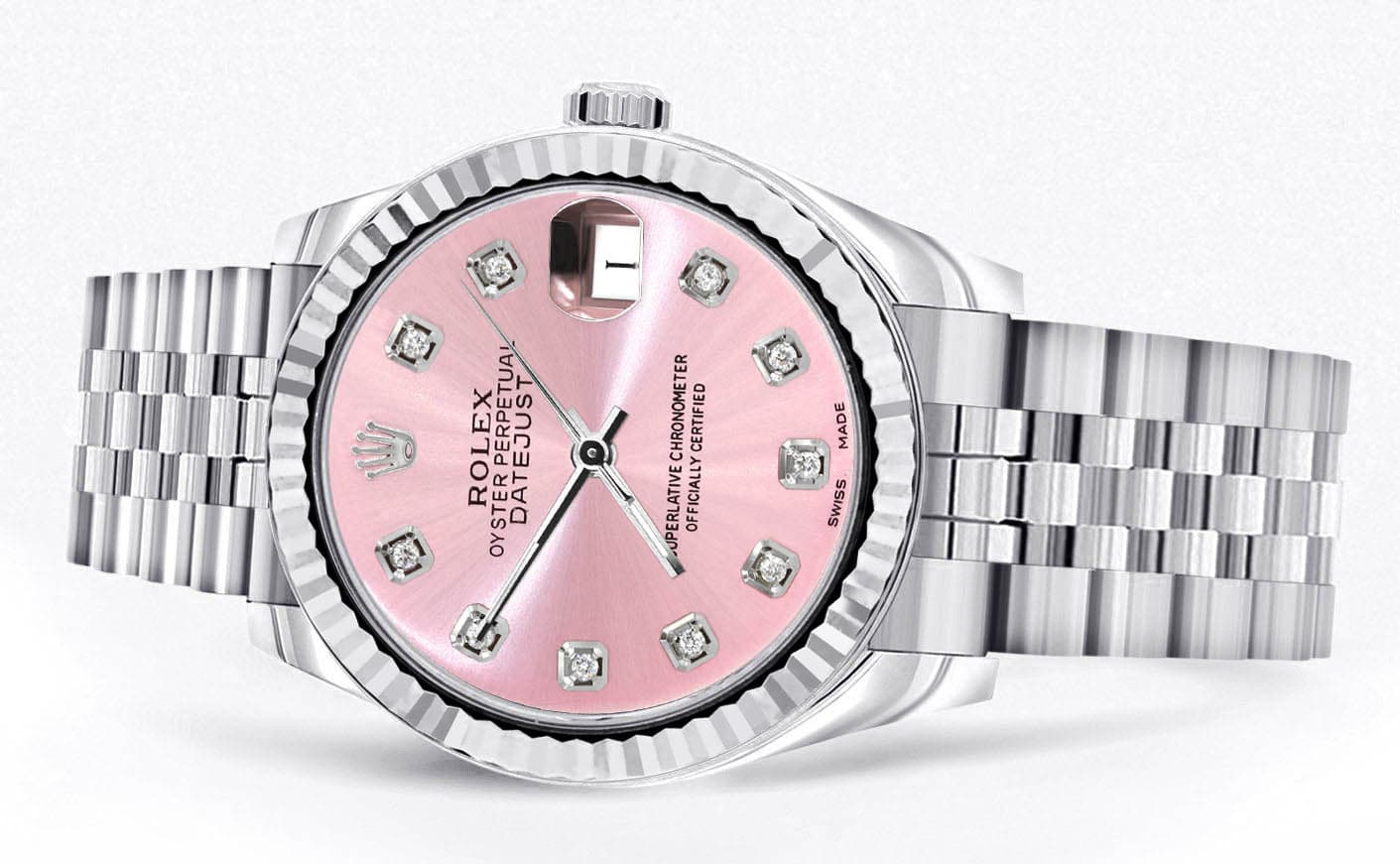 Diamond Rolex Watch | 68274 | Fluted Bezel | 31MM | Pink Diamond Dial | Jubilee Band - Image 2
