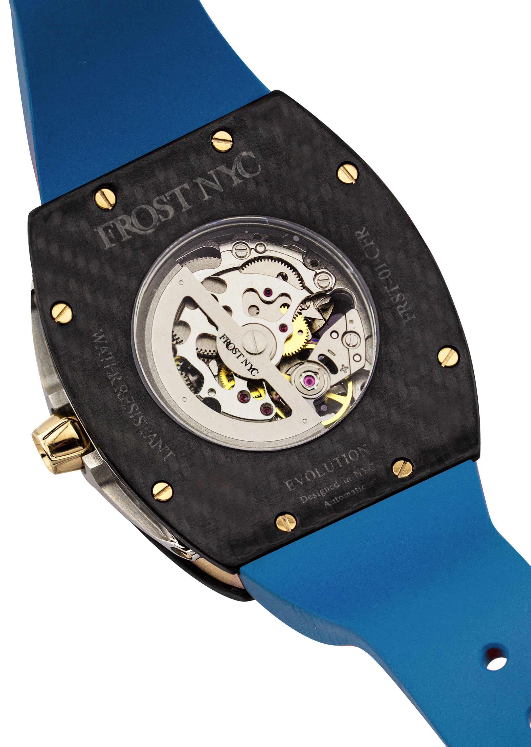 Frost NYC Mens Watch - Automatic Skeleton Carbon Fiber Sport Gold Watch | FRST-01-CFY| Blue - Image 6