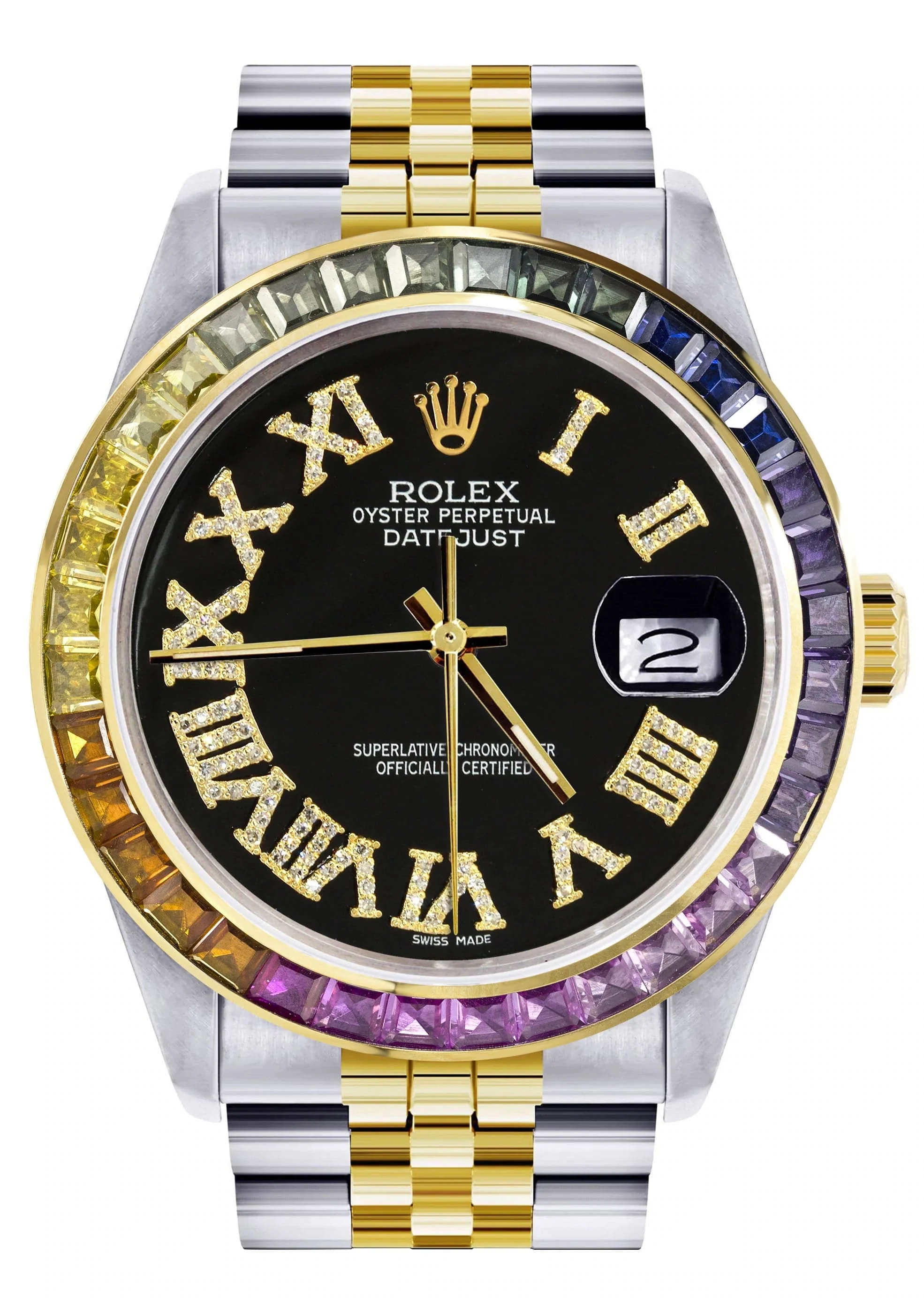 Diamond Gold Rolex Watch For Men 16233 | 36Mm | Rainbow Sapphire Bezel | Diamond Black Roman Numeral Dial | Jubilee Band