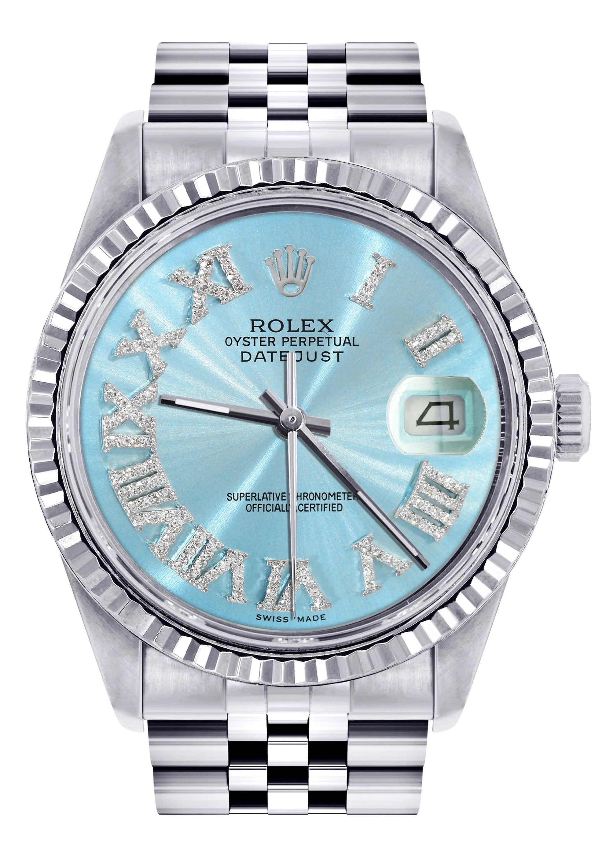 Womens Rolex Datejust Watch 16200 | Fluted Bezel | 36Mm | Aqua Roman Numeral Dial | Fluted Bezel | Jubilee Band