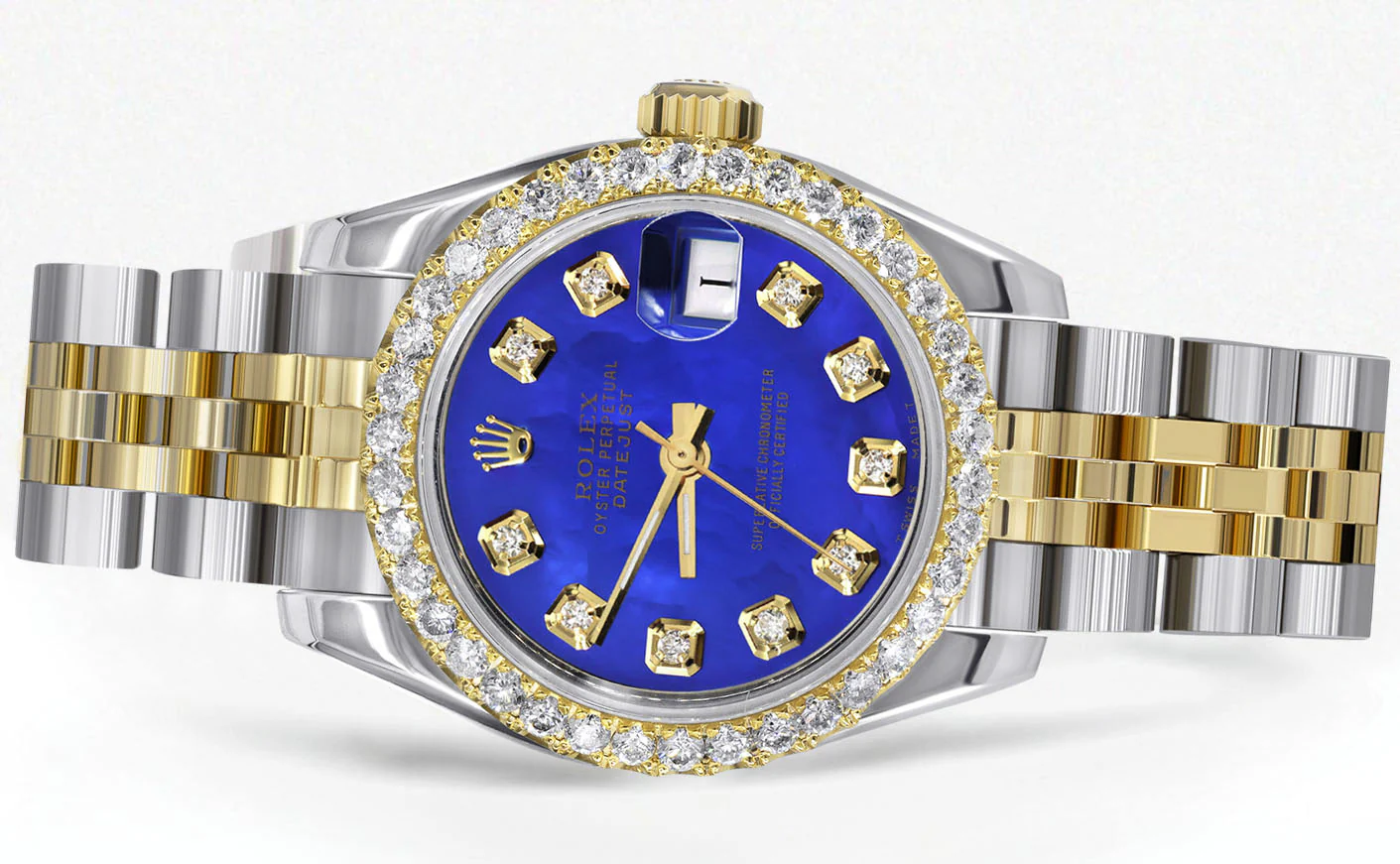 Womens Diamond Gold Hidden Clasp Rolex Watch | 1 Carat Bezel | 26Mm | Blue Mother of Pearl Dial | Jubilee Band | Model 179173 - Image 2