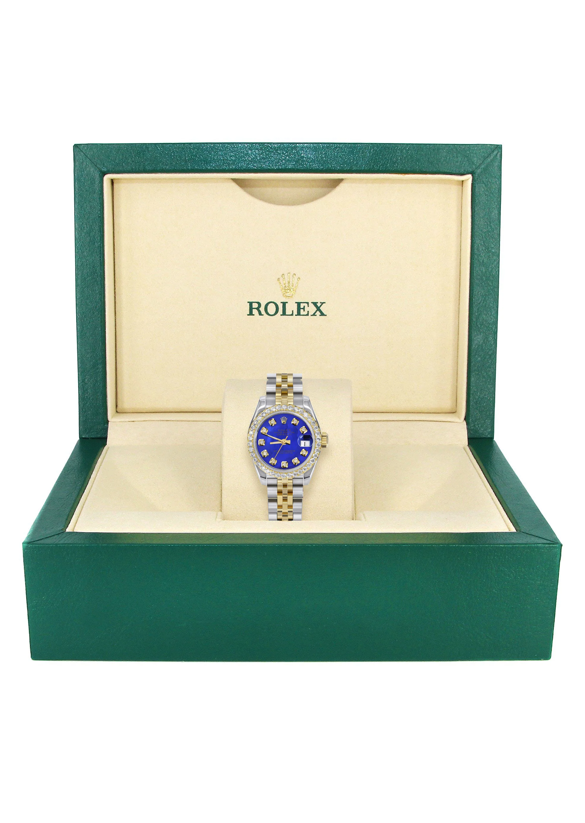 Womens Diamond Gold Hidden Clasp Rolex Watch | 1 Carat Bezel | 26Mm | Blue Mother of Pearl Dial | Jubilee Band | Model 179173 - Image 4