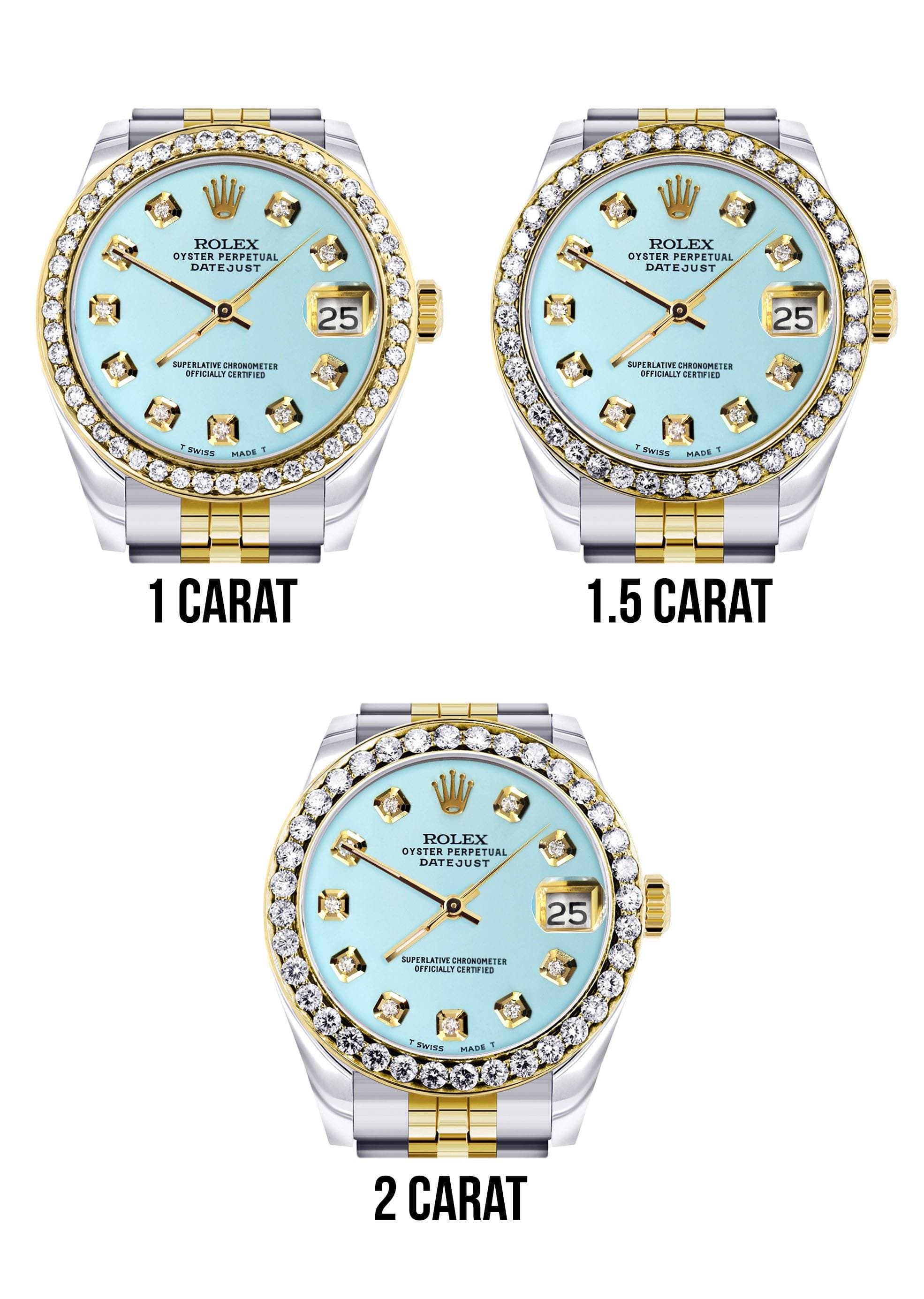 Diamond Gold Rolex Watch | Diamond Bezel | 31MM | Baby Blue Diamond Dial | Jubilee Band - Image 4
