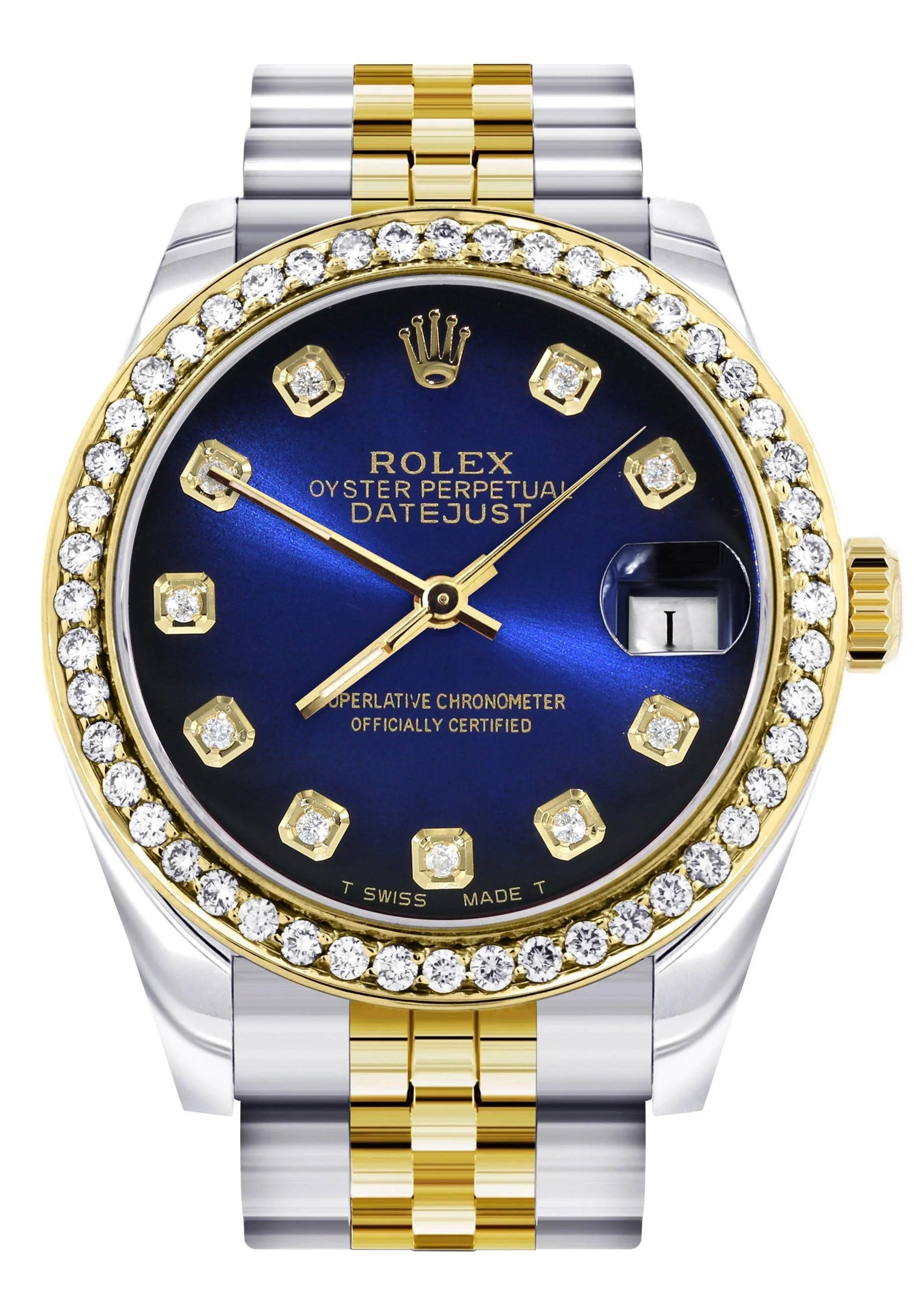 Diamond Gold Rolex Watch | 68273 |Diamond Bezel | 31MM | Blue Black Dial | Jubilee Band