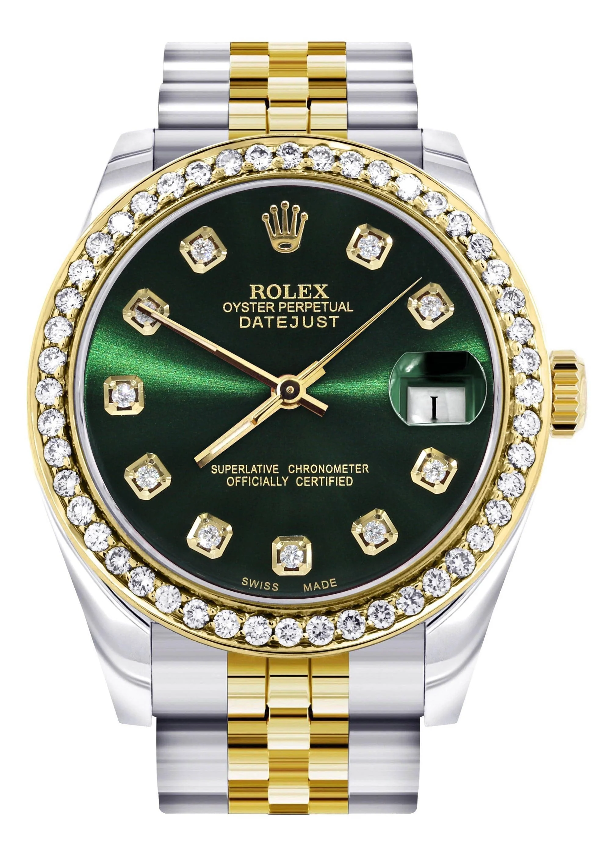 Diamond Gold Rolex Watch | 68273 |Diamond Bezel | 31MM | Green Dial | Jubilee Band