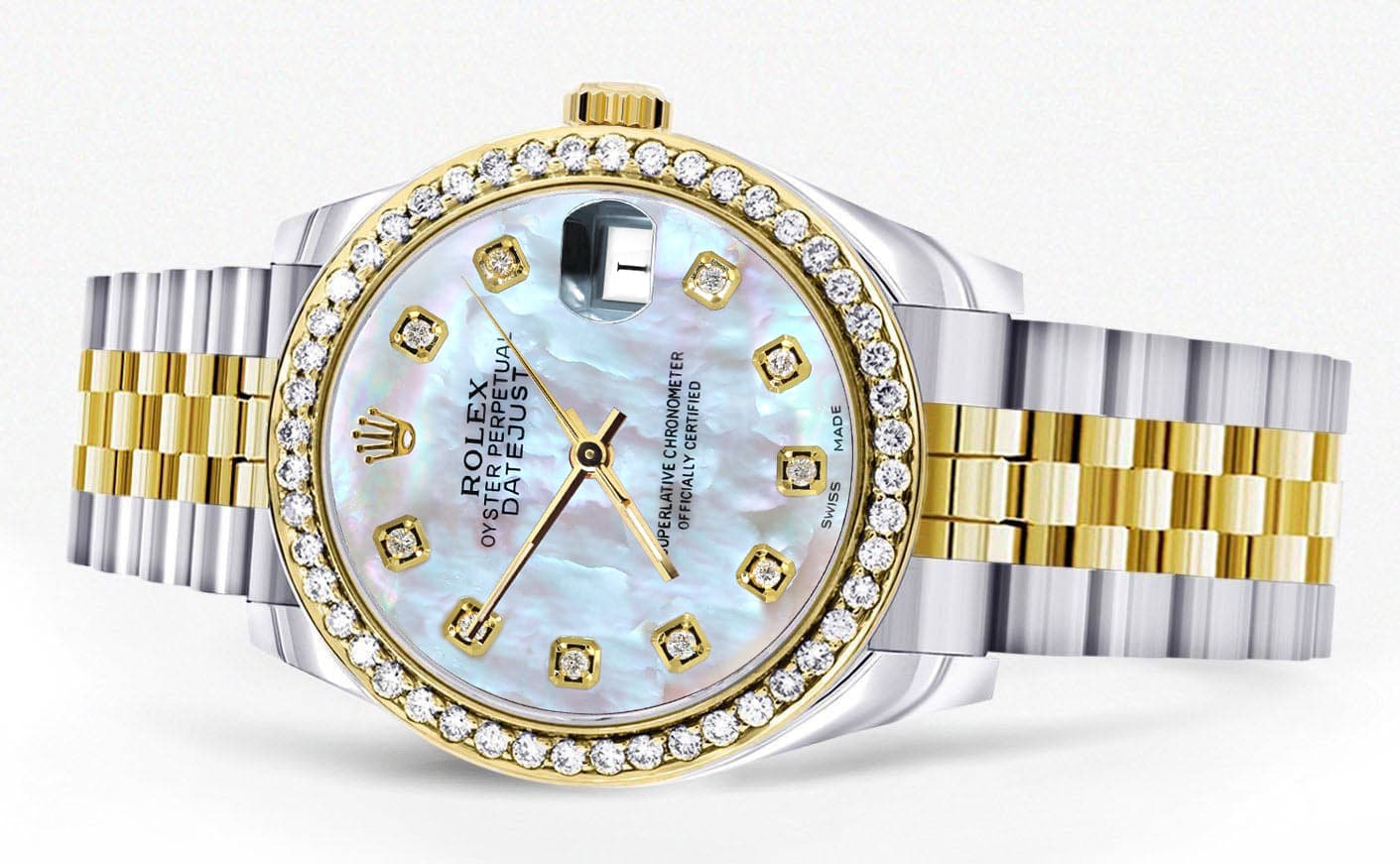 Diamond Gold Rolex Watch | 68273 |Diamond Bezel | 31MM | Mother Of Pearl Dial | Jubilee Band - Image 4