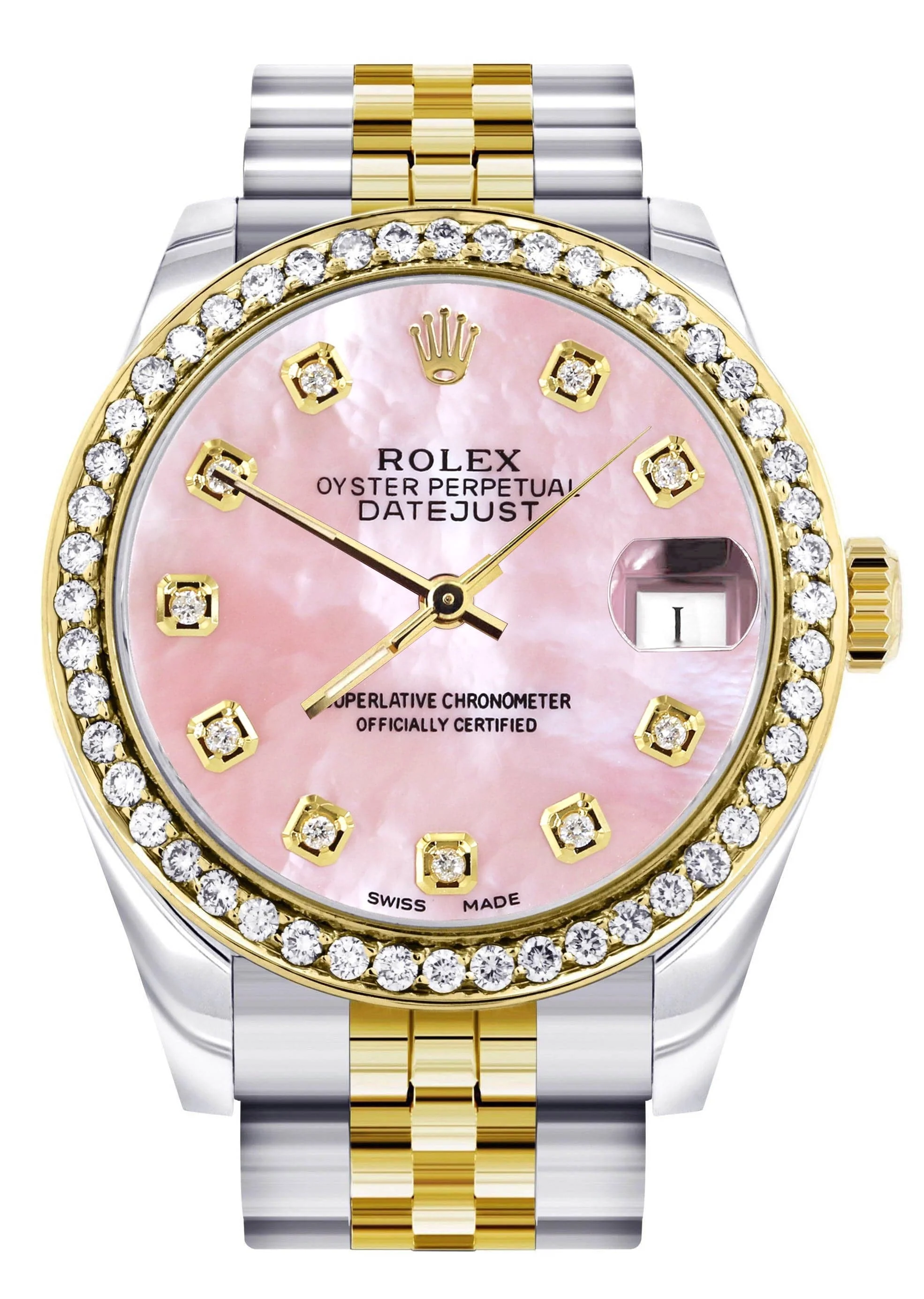 Diamond Gold Rolex Watch | 68273 | Diamond Bezel | 31MM | Pink Mother Of Pearl Dial | Jubilee Band