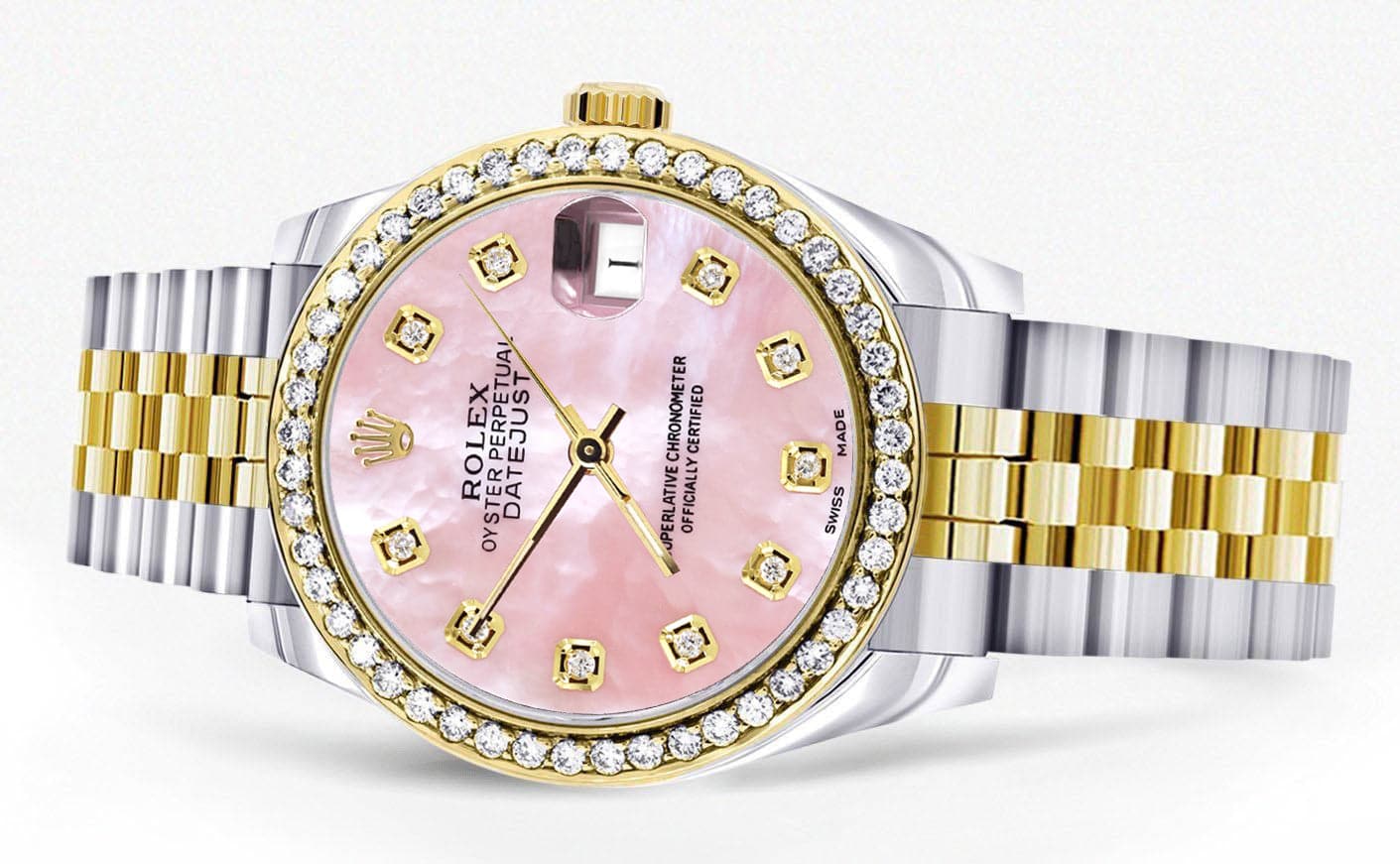 Diamond Gold Rolex Watch | 68273 | Diamond Bezel | 31MM | Pink Mother Of Pearl Dial | Jubilee Band - Image 2