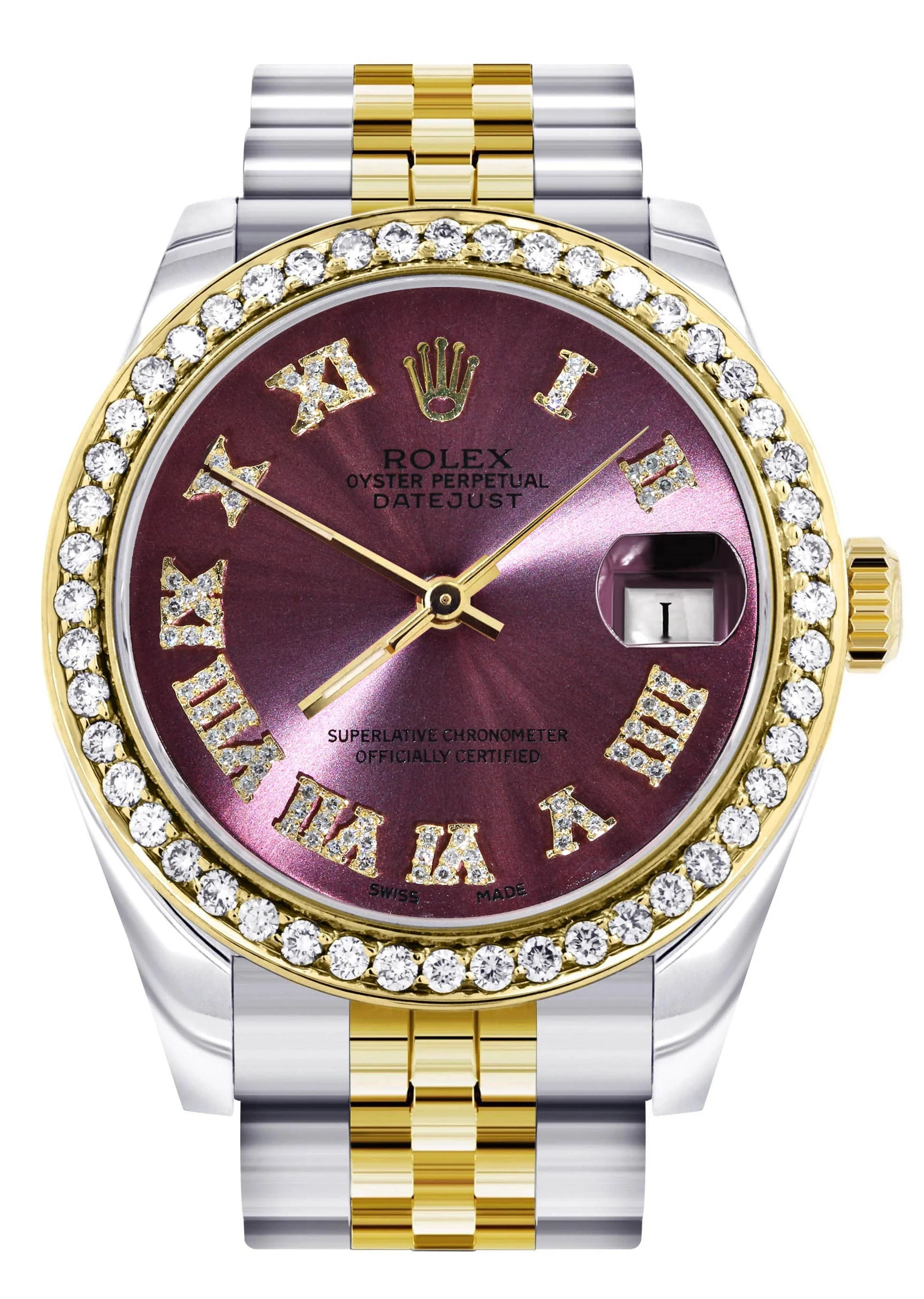 Diamond Gold Rolex Watch | 68273 |Diamond Bezel | 31MM | Purple Roman Numeral Diamond Dial | Jubilee Band