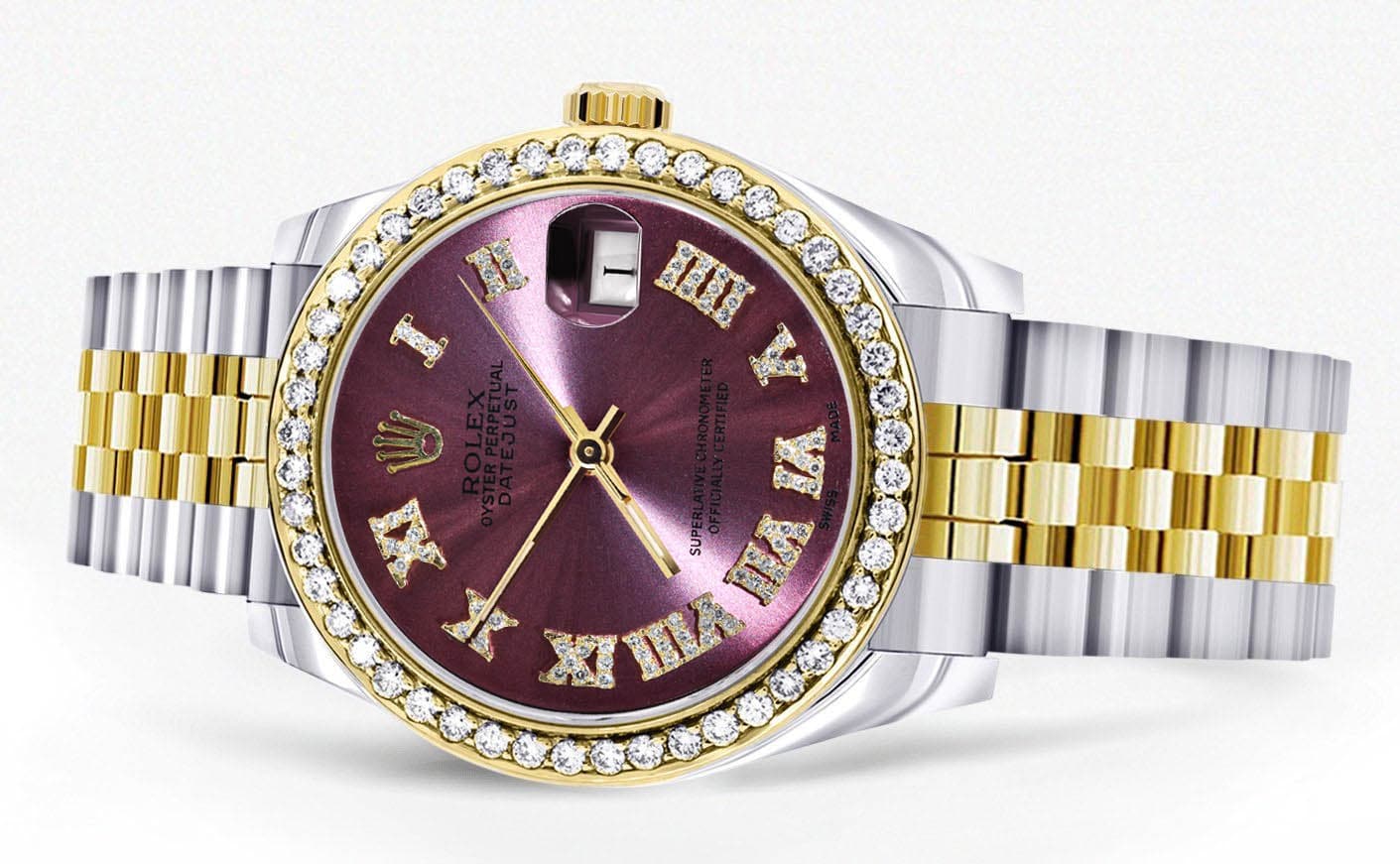 Diamond Gold Rolex Watch | 68273 |Diamond Bezel | 31MM | Purple Roman Numeral Diamond Dial | Jubilee Band - Image 2