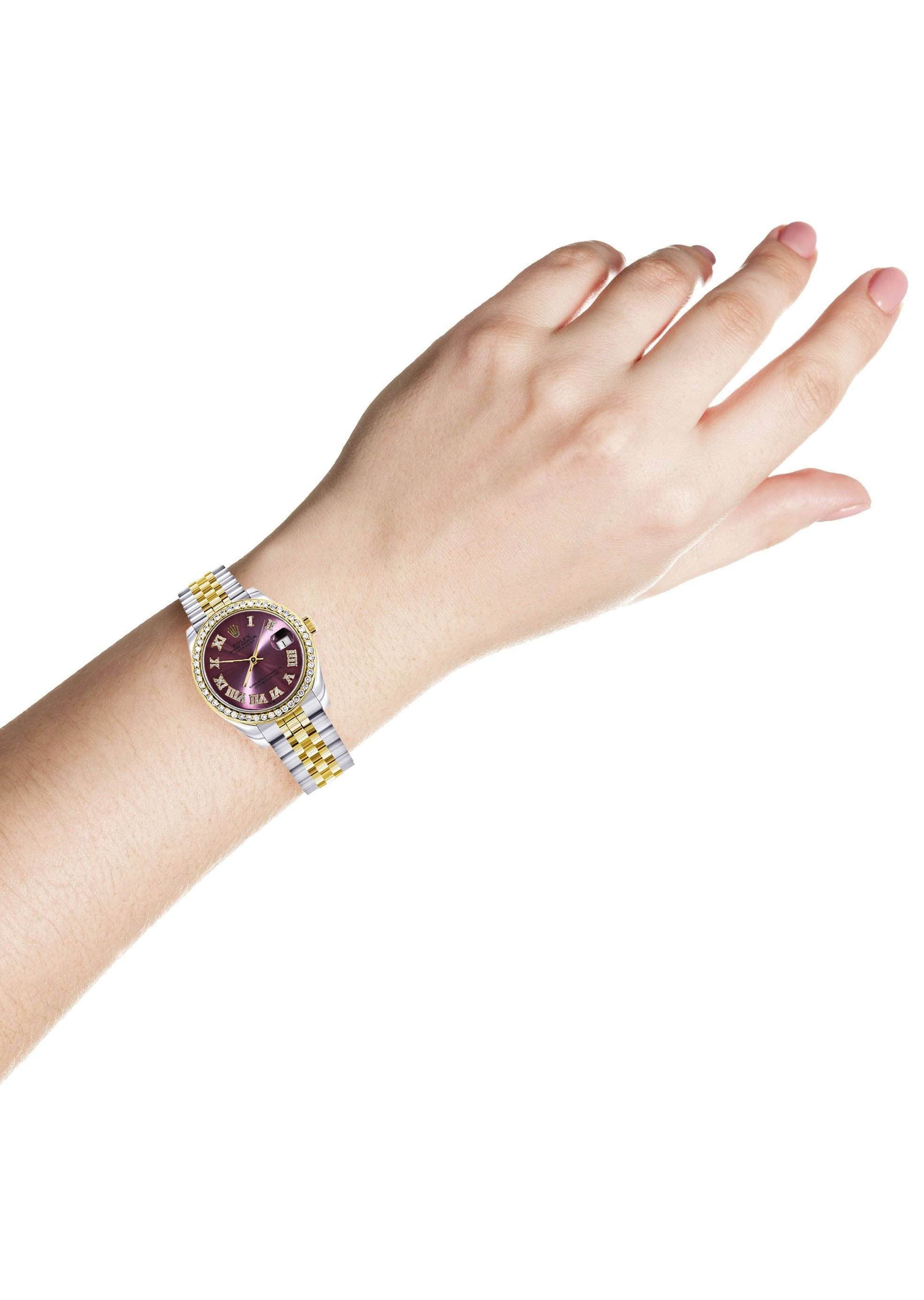 Diamond Gold Rolex Watch | 68273 |Diamond Bezel | 31MM | Purple Roman Numeral Diamond Dial | Jubilee Band - Image 3