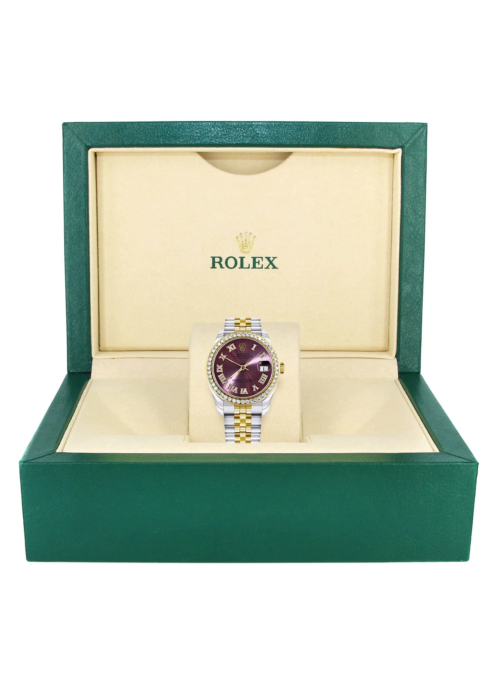 Diamond Gold Rolex Watch | 68273 |Diamond Bezel | 31MM | Purple Roman Numeral Diamond Dial | Jubilee Band - Image 4