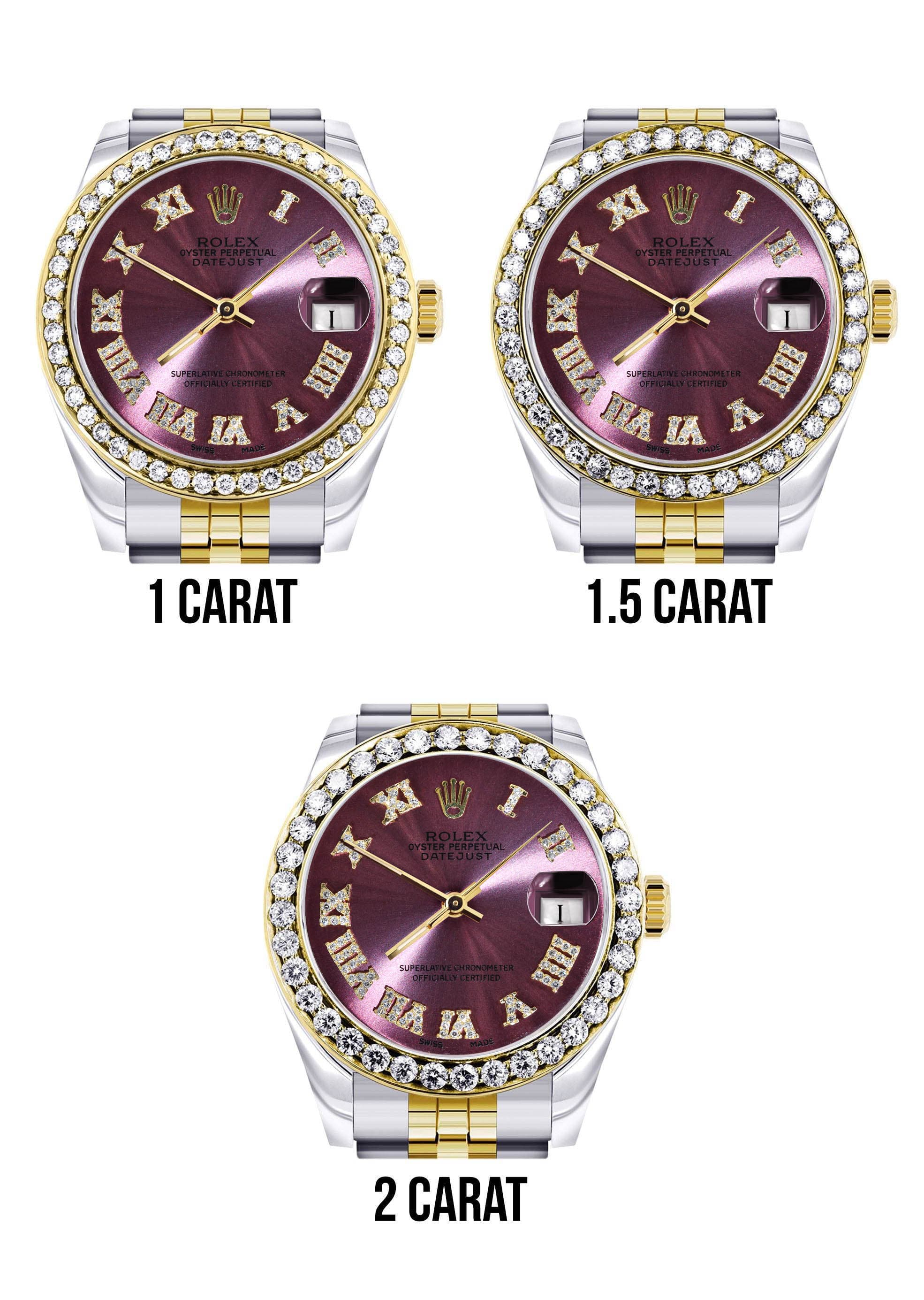 Diamond Gold Rolex Watch | 68273 |Diamond Bezel | 31MM | Purple Roman Numeral Diamond Dial | Jubilee Band - Image 5
