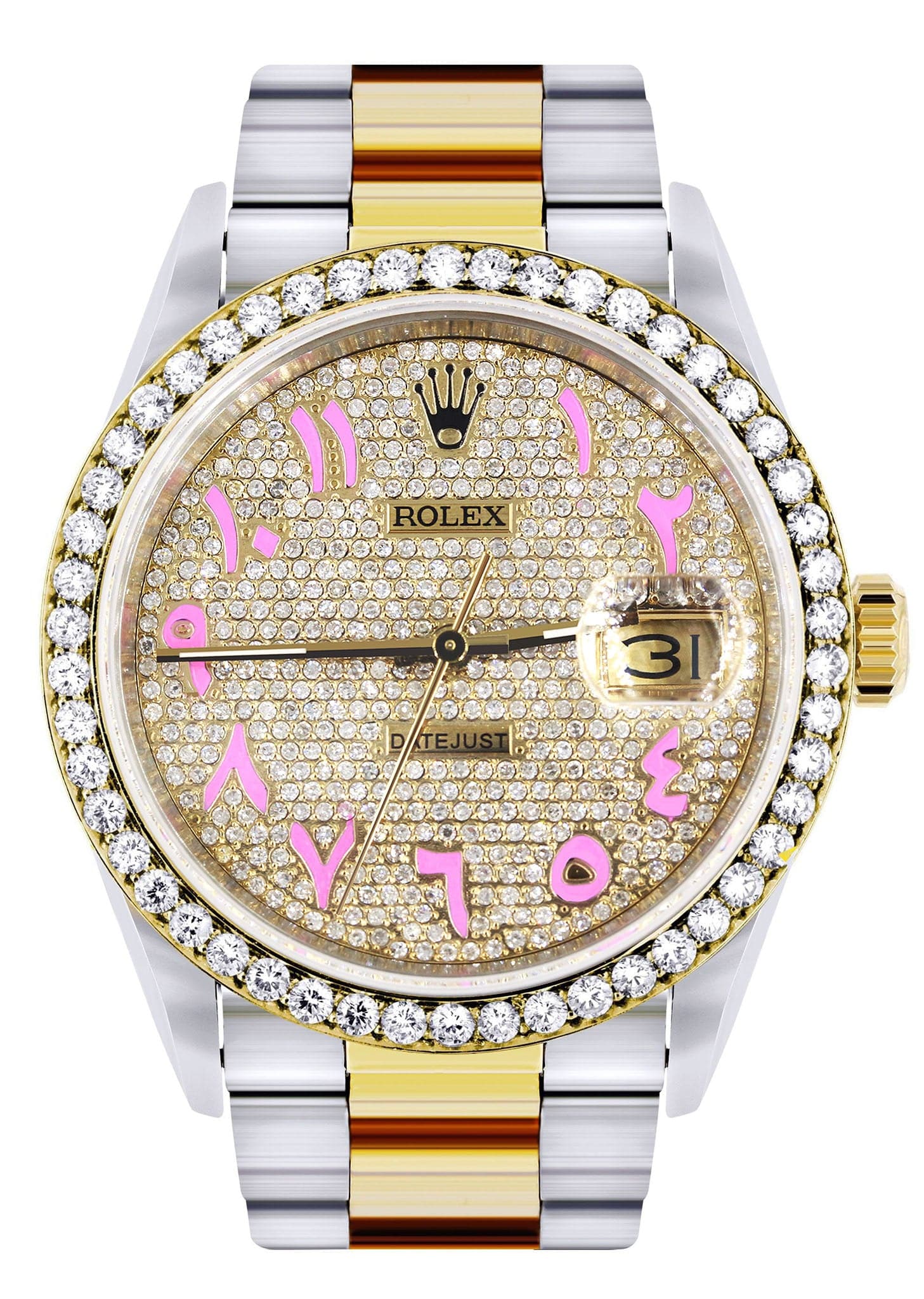 Diamond Gold Rolex Watch For Men 16233 | 36Mm | Custom Pink Arabic Full Diamond Dial | Oyster Band