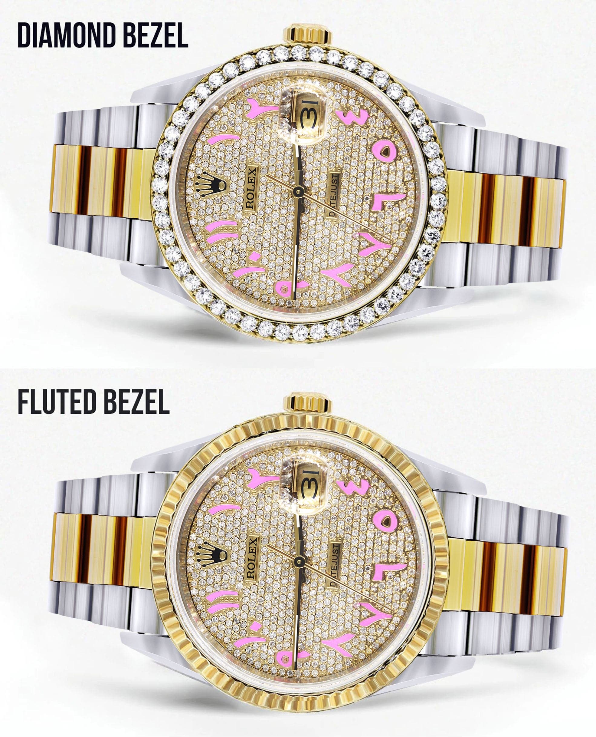 Diamond Gold Rolex Watch For Men 16233 | 36Mm | Custom Pink Arabic Full Diamond Dial | Oyster Band - Image 2