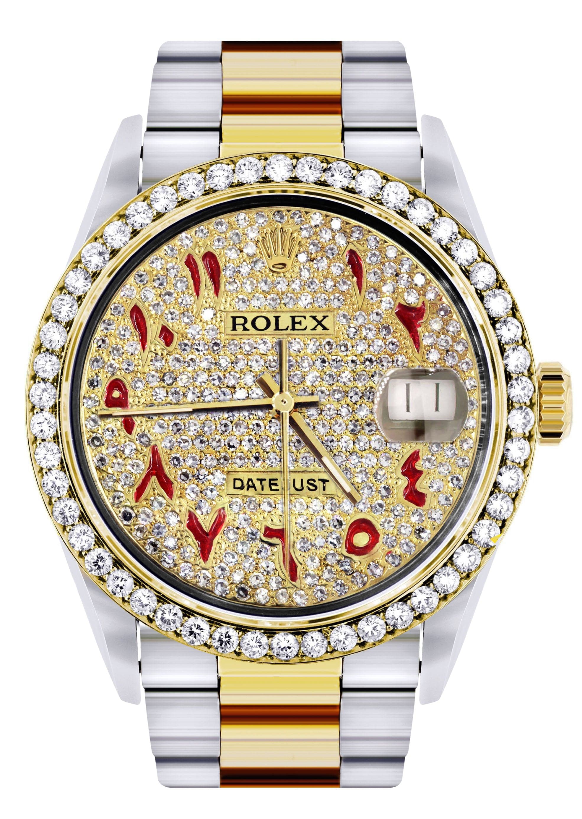 Diamond Gold Rolex Watch For Men 16233 | 36Mm | Custom Red Arabic Full Diamond Dial | Oyster Band