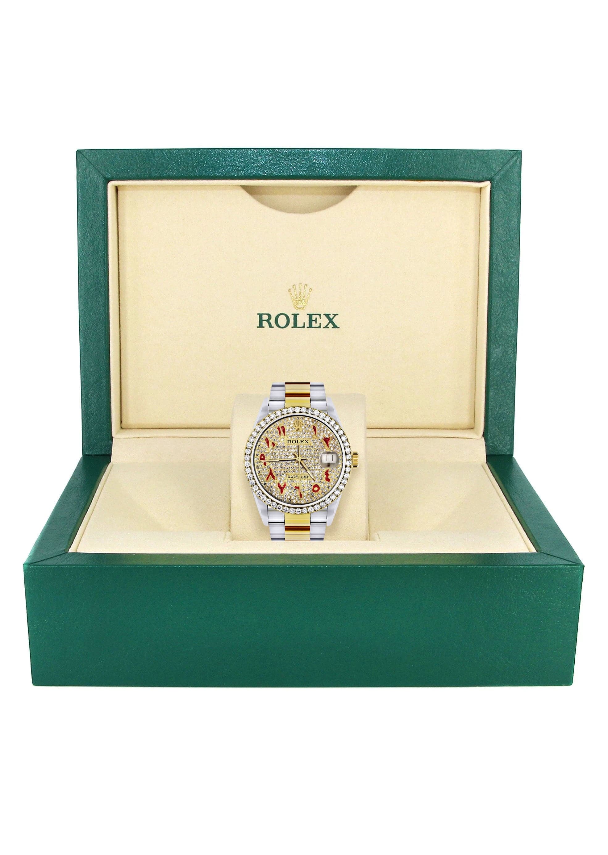 Diamond Gold Rolex Watch For Men 16233 | 36Mm | Custom Red Arabic Full Diamond Dial | Oyster Band - Image 7