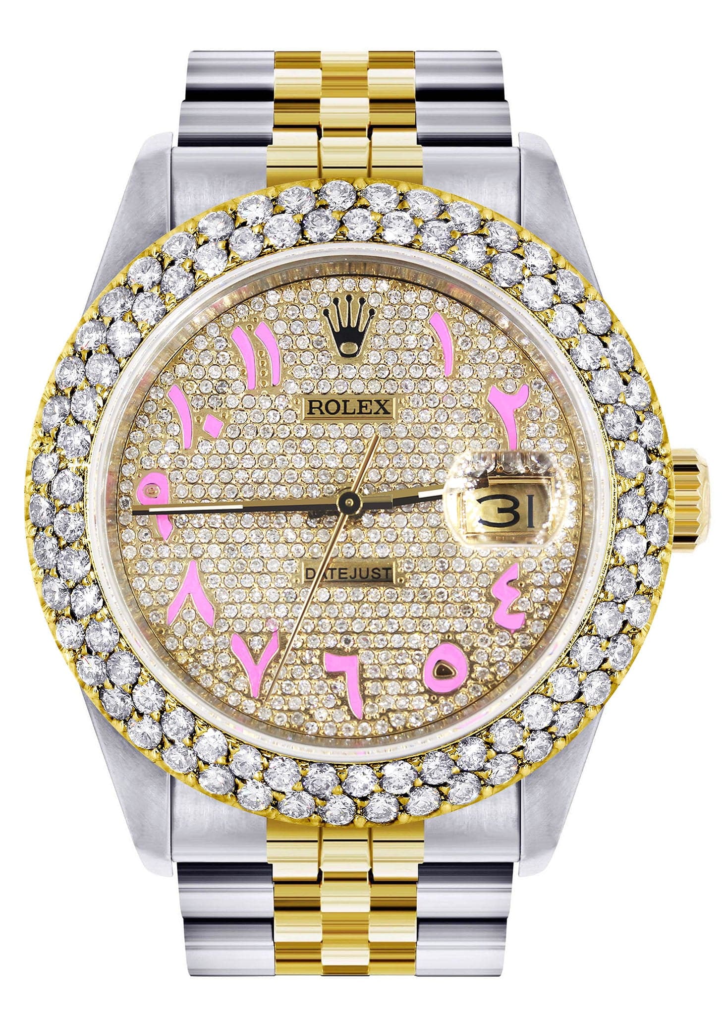 Diamond Gold Rolex Watch For Men 16233 | 36Mm | Diamond Pink Arabic Dial | Two Row 4.25 Carat Bezel | Jubilee Band