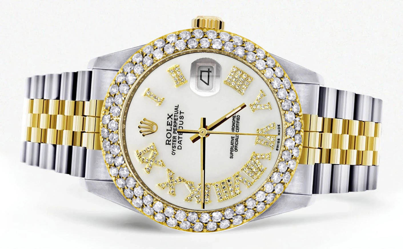 Diamond Gold Rolex Watch For Men 16233 | 36Mm | Diamond White Roman Numeral Dial | Two Row 4.25 Carat Bezel | Jubilee Band - Image 2