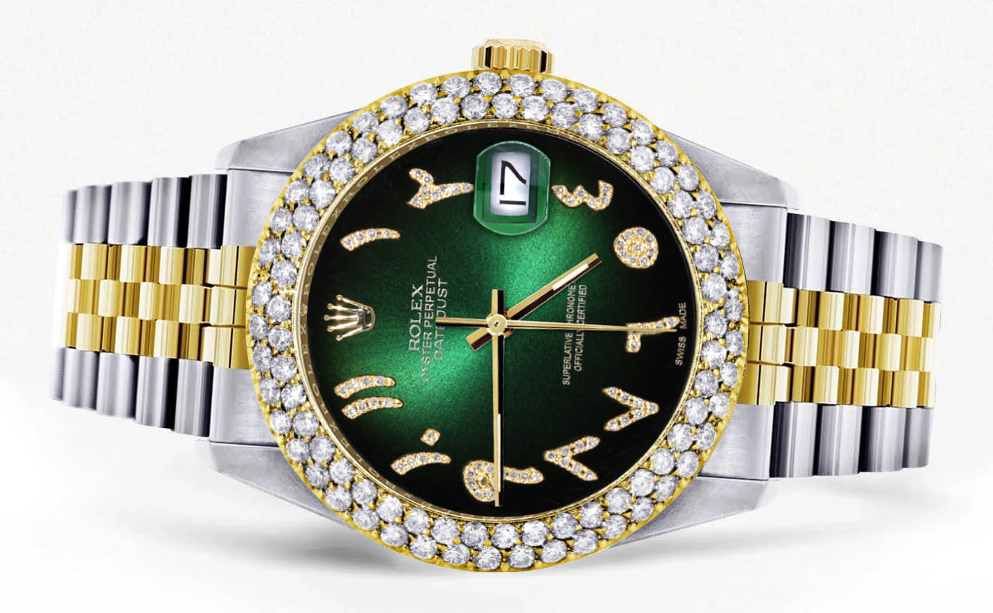 Diamond Gold Rolex Watch For Men 16233 | 36Mm | Green Black Arabic Diamond Dial | Two Row 4.25 Carat Bezel | Jubilee Band - Image 2