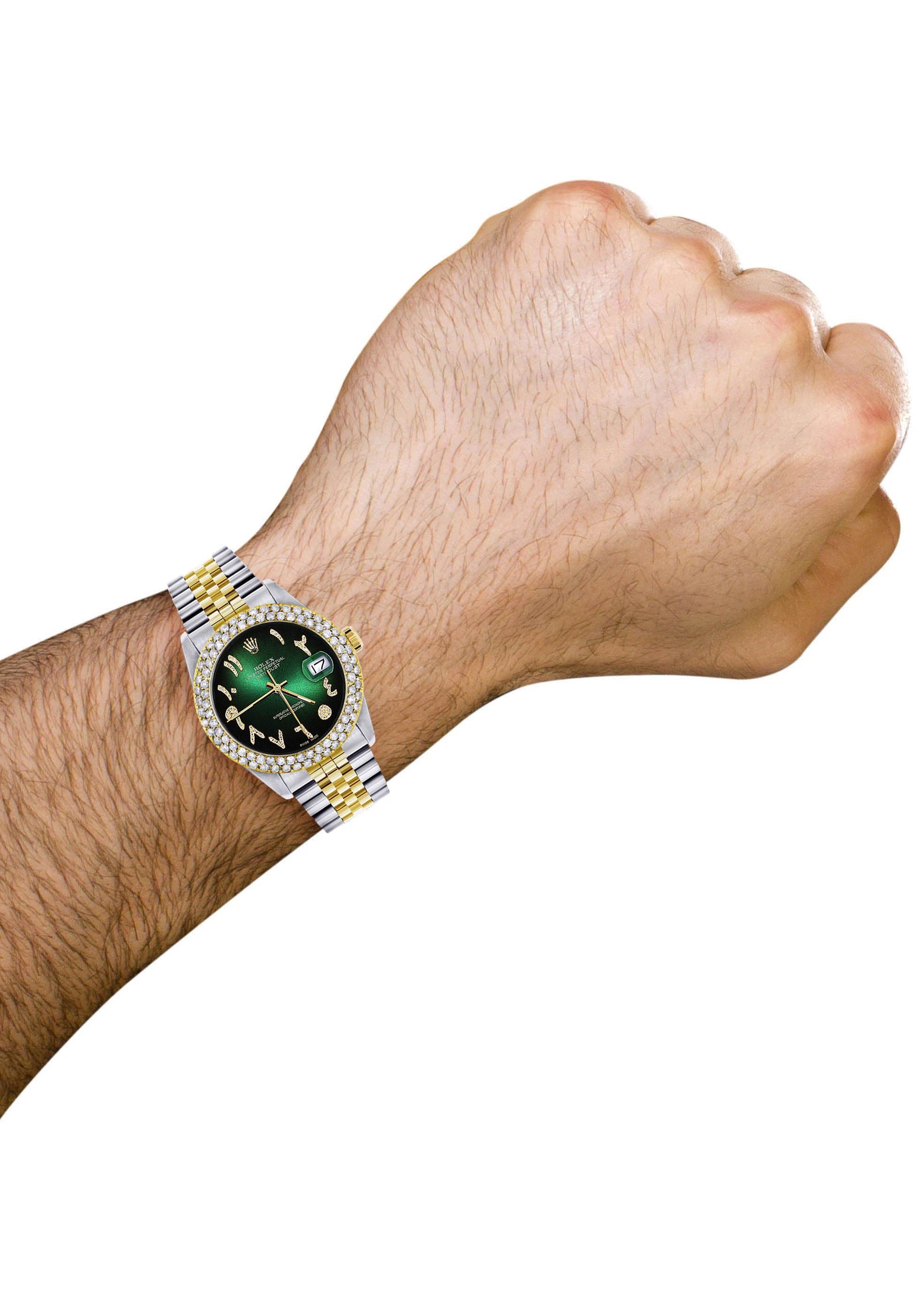 Diamond Gold Rolex Watch For Men 16233 | 36Mm | Green Black Arabic Diamond Dial | Two Row 4.25 Carat Bezel | Jubilee Band - Image 3