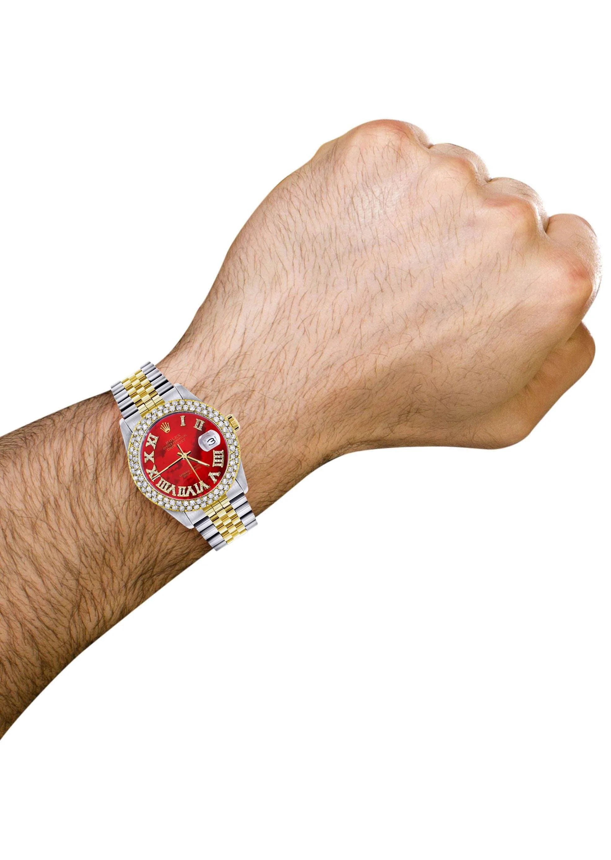Diamond Gold Rolex Watch For Men 16233 | 36Mm | Red Mother of Pearl Roman Numeral Dial | Two Row 4.25 Carat Bezel | Jubilee Band - Image 5