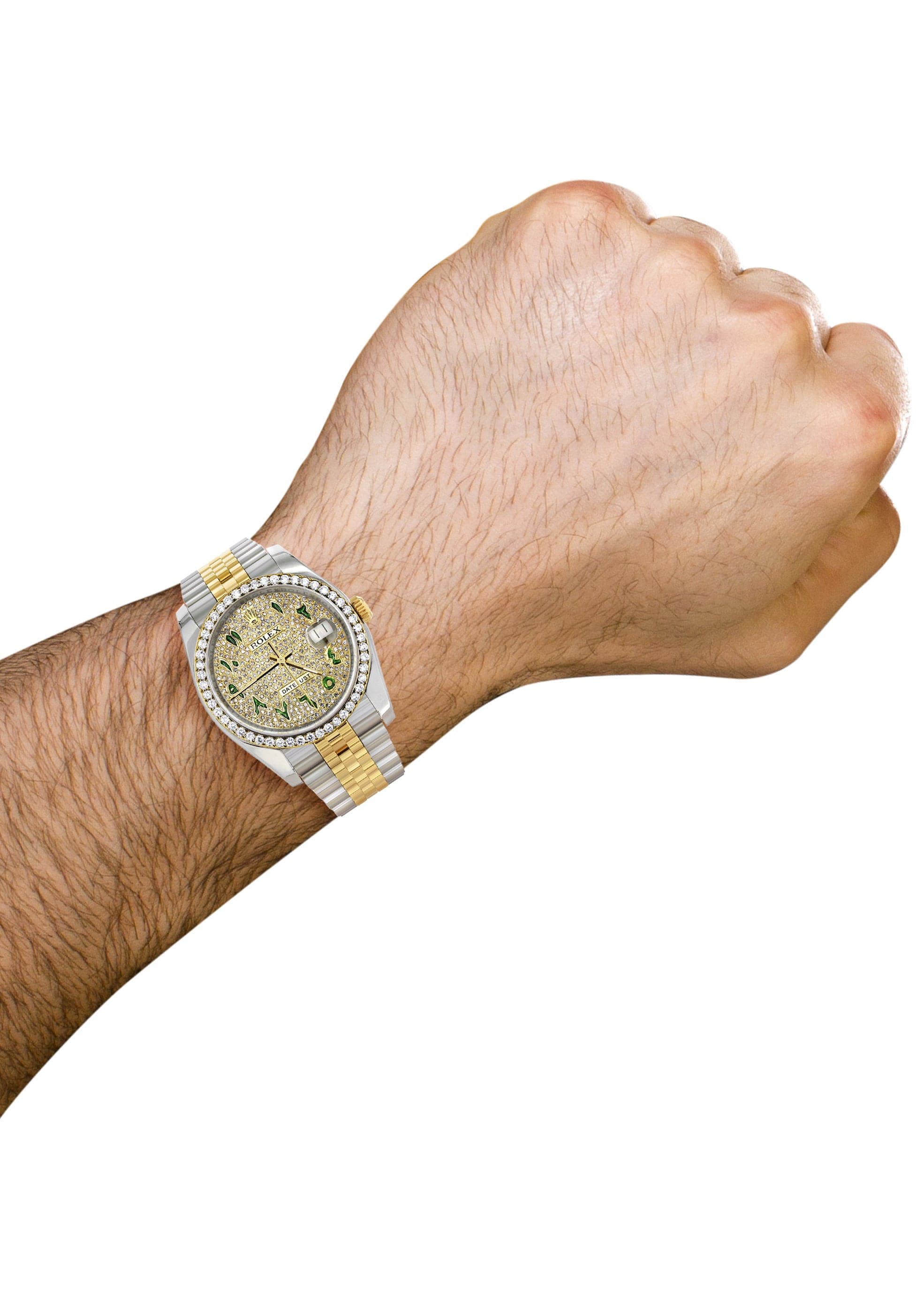 116233 | Hidden Clasp | Diamond Gold Rolex Watch For Men | 36Mm | Custom Green Arabic Full Diamond Dial | Jubilee Band - Image 5