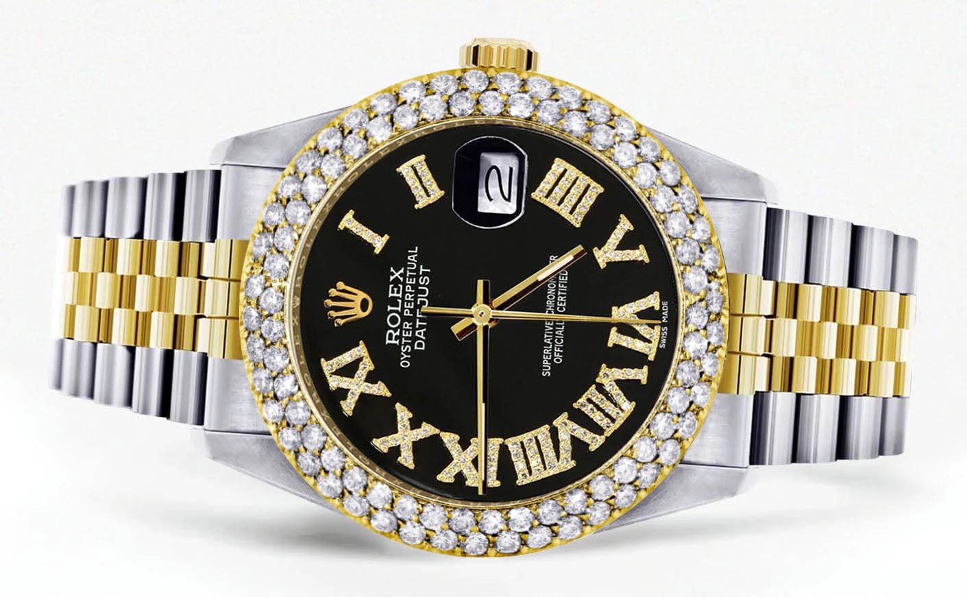 Diamond Gold Rolex Watch For Women 16233 | 36Mm | Black Roman Dial | Two Row 4.25 Carat Bezel | Jubilee Band - Image 2