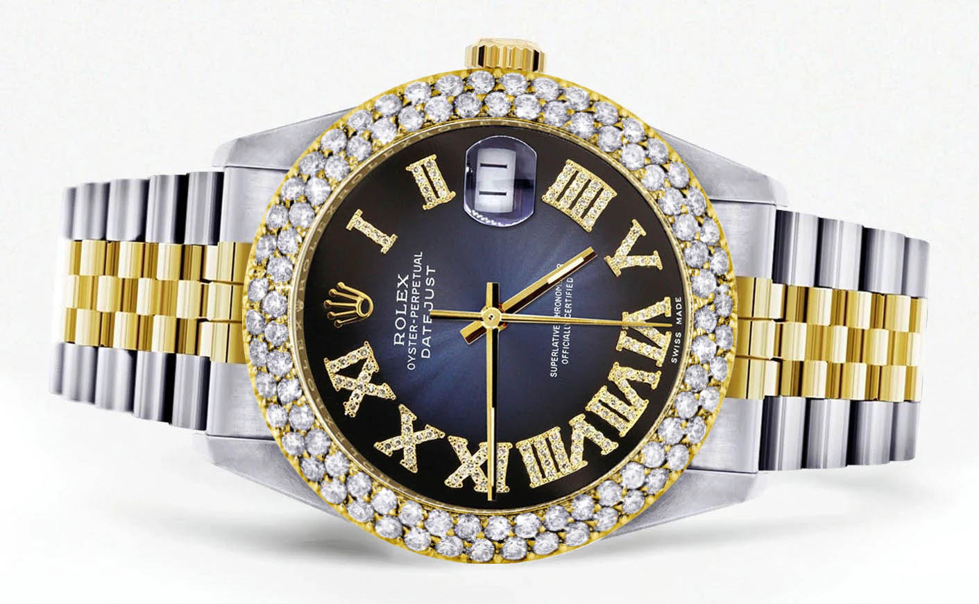 Diamond Gold Rolex Watch For Women 16233 | 36Mm | Blue Black Roman Numeral Dial | Two Row 4.25 Carat Bezel | Jubilee Band - Image 2