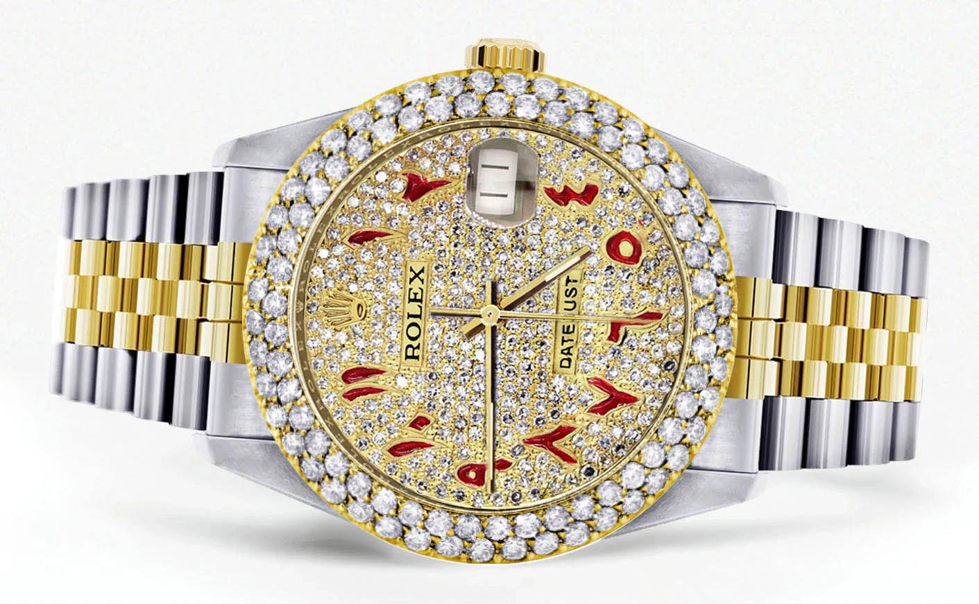 Diamond Gold Rolex Watch For Women 16233 | 36Mm | Custom Red Arabic Full Diamond Dial | Two Row 4.25 Carat Bezel | Jubilee Band - Image 2