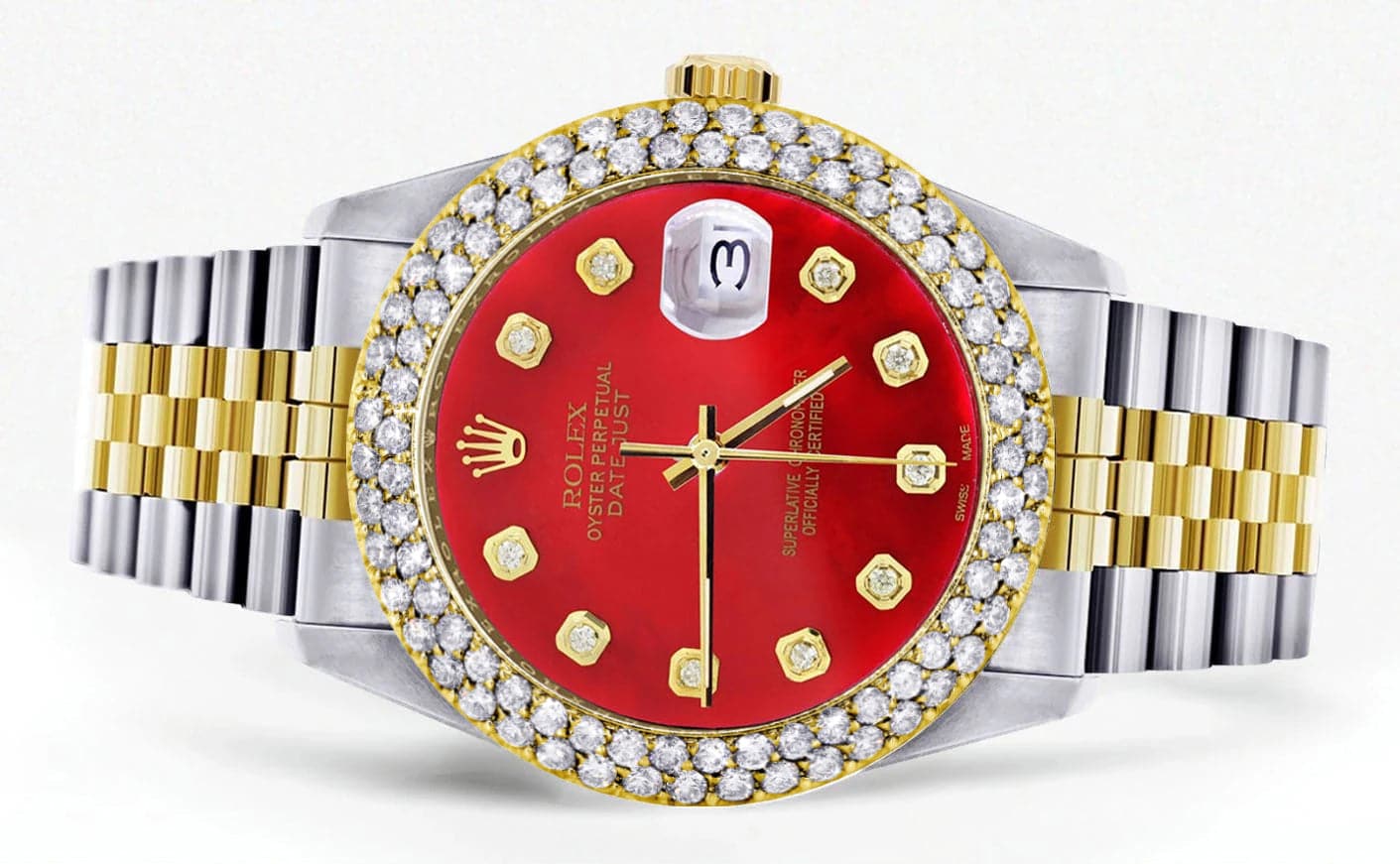 Diamond Gold Rolex Watch For Women 16233 | 36Mm | Custom Red Dial | Two Row 4.25 Carat Bezel | Jubilee Band - Image 2