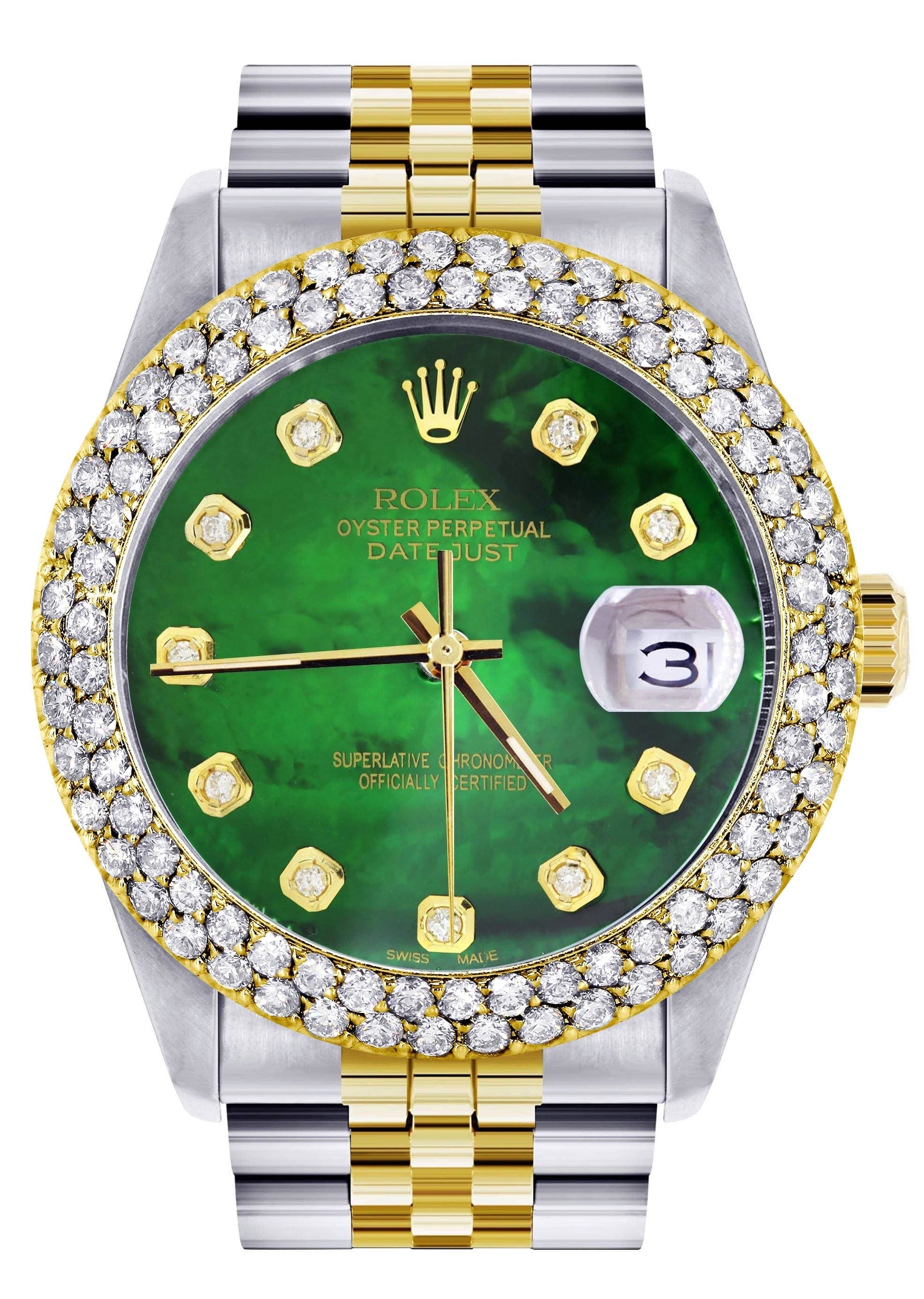Diamond Gold Rolex Watch For Women 16233 | 36Mm | Green Mother of Pearl Dial | Two Row 4.25 Carat Bezel | Jubilee Band
