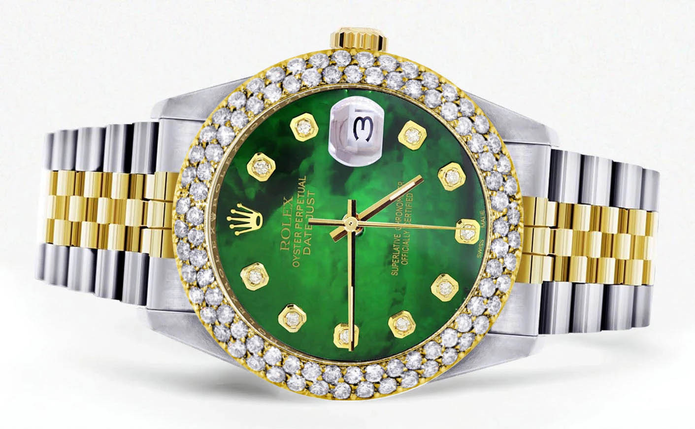 Diamond Gold Rolex Watch For Women 16233 | 36Mm | Green Mother of Pearl Dial | Two Row 4.25 Carat Bezel | Jubilee Band - Image 2